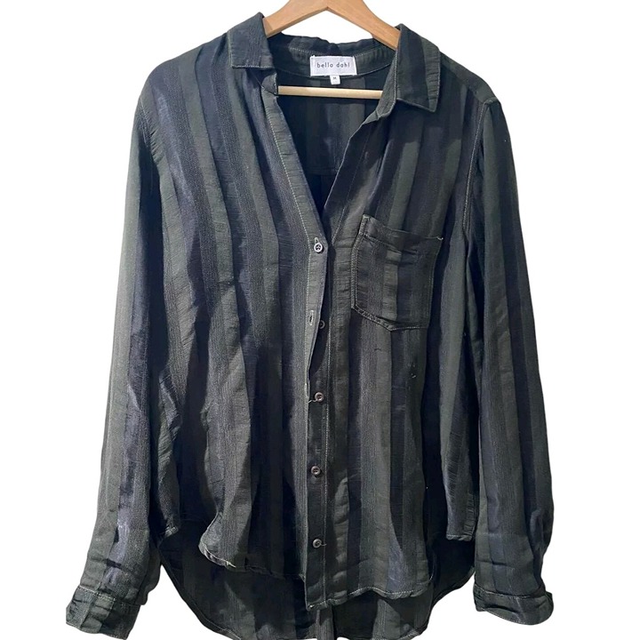 Bella Dahl blouse dark green and black CUPRO/Linen stripes Size Medium