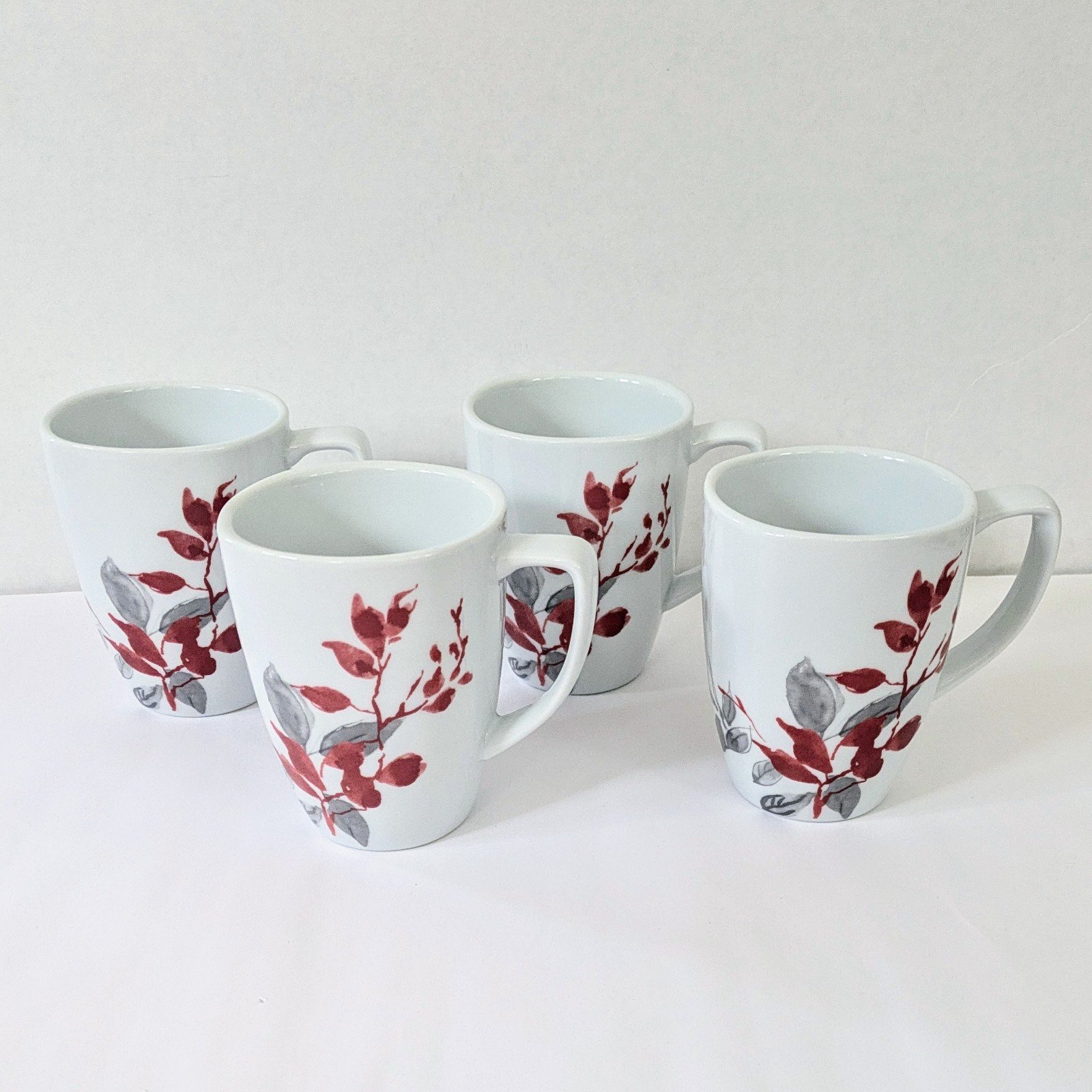 SET OF 4 Corelle Coordinates Porcelain Red Grey Kyoto Leaves Coffee Tea Mug Cup