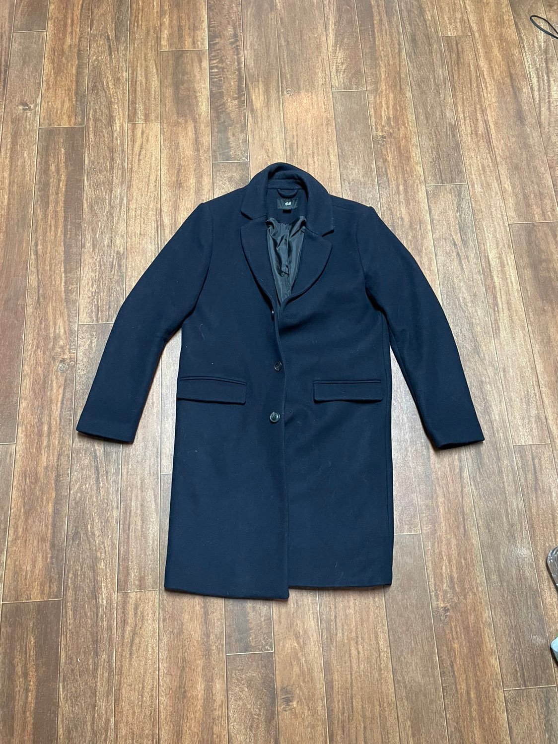 H&M Navy Wool blend Medium Length Pea Coat with 3 pockets