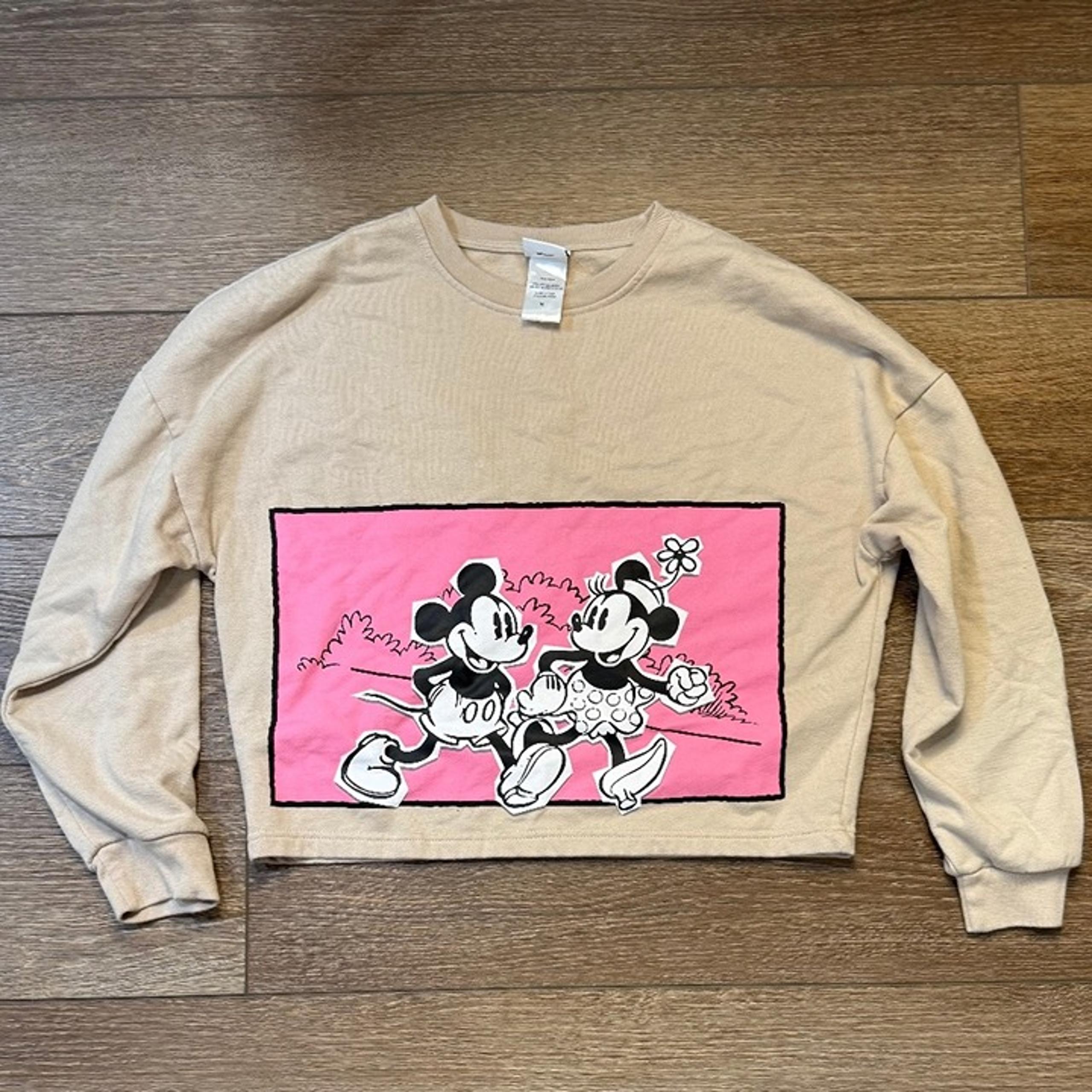 Women's Disney Mickey Mouse Graphic Cropped Oversized Sweatshirt Size M Tan