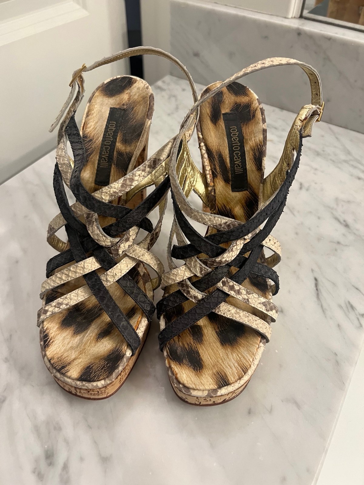 Roberto Cavalli High Wedge iconic leopard platform sandles sz 6.5