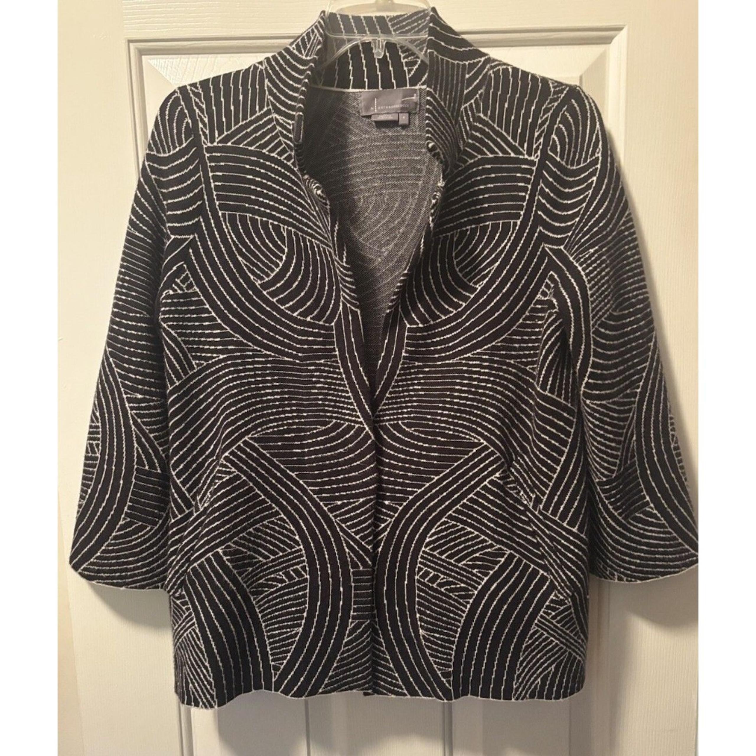 By ANTHROPOLOGIE Knit Blazer Large Black White Geo Ponte Career Business Preppy
