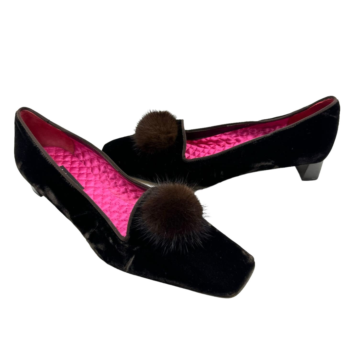 Kate Spade New York Tryst Brown Velvet Soft Pom Pom Pouf Square Toe Pumps