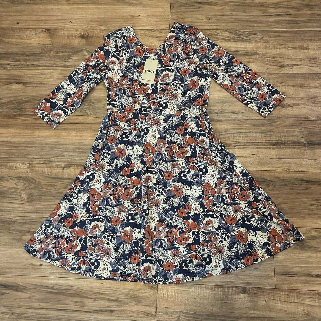 NWT Pact Womens Medium Autumn Cosmos Fit & Flare Midi Party Dress Organic Cotton