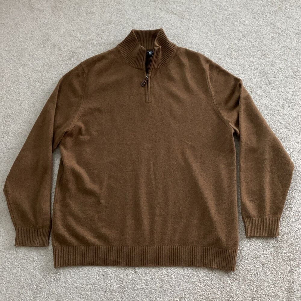 Lands End Size L 42-44 100% Cashmere Sweater Brown 1/4 Zip Long Sleeve Mock