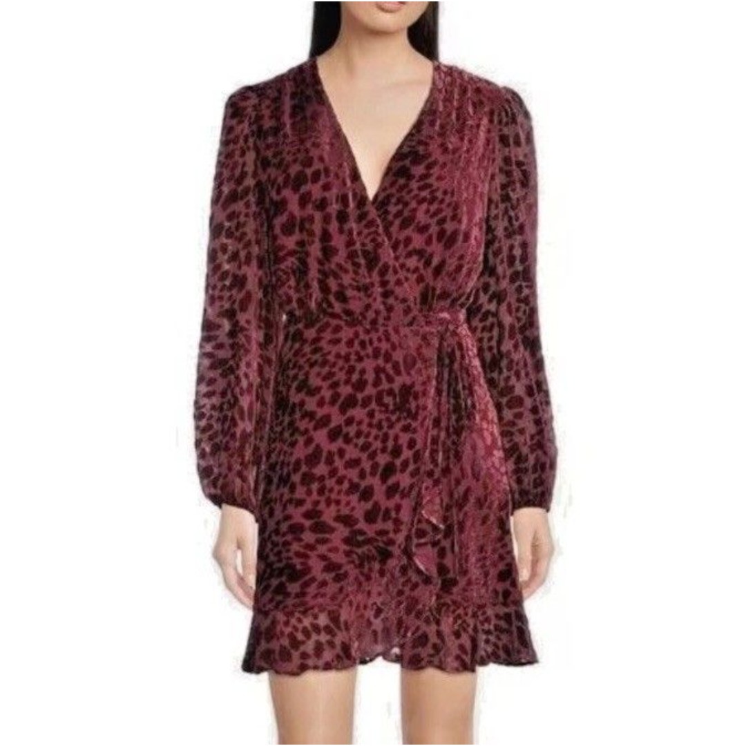 Alex Marie Dress 12 Burgundy Red Velvet Burnout Leopard Ruffle Wrap Party $168