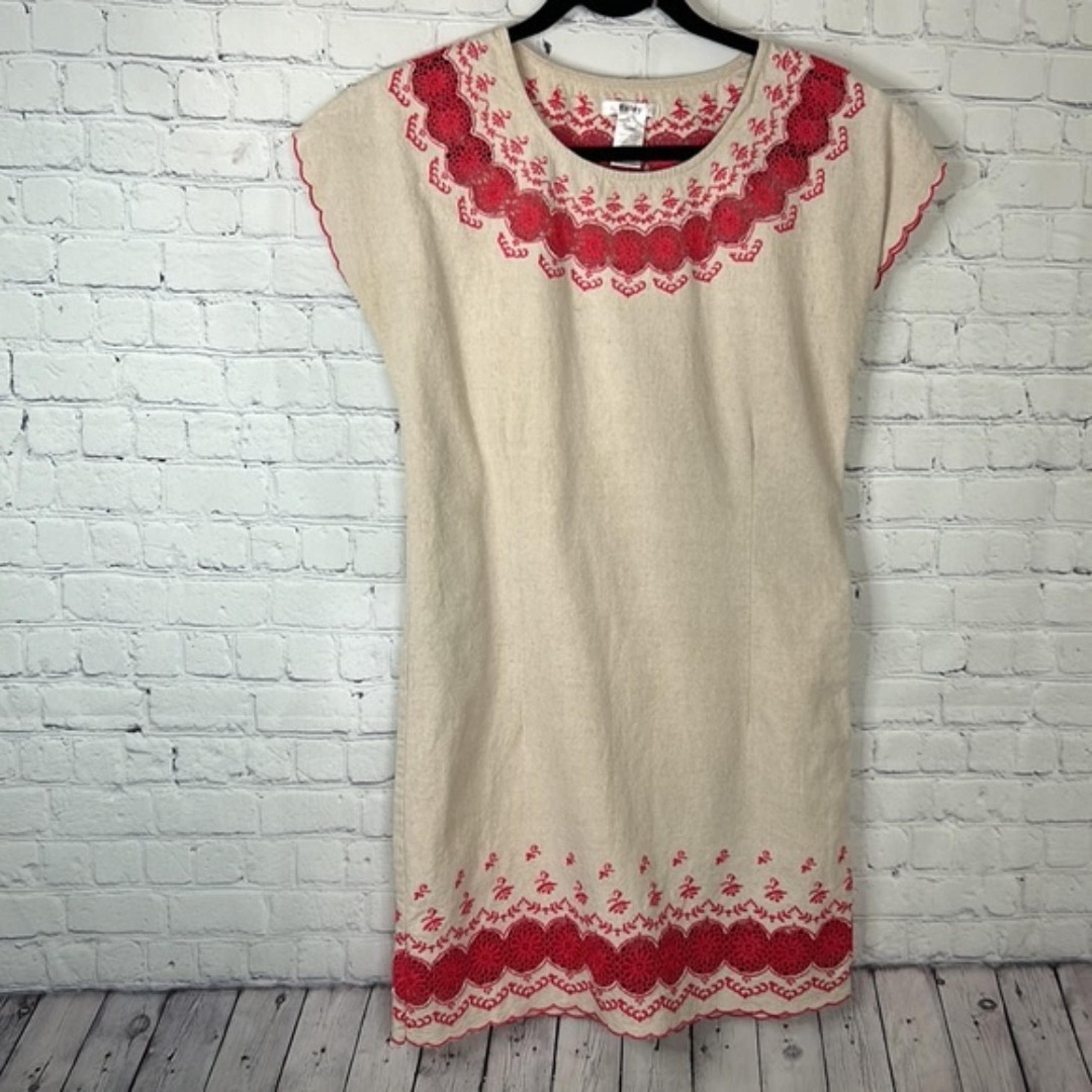 Easley tan linen cotton blend mini dress coral embroider and crochet detail Sz S