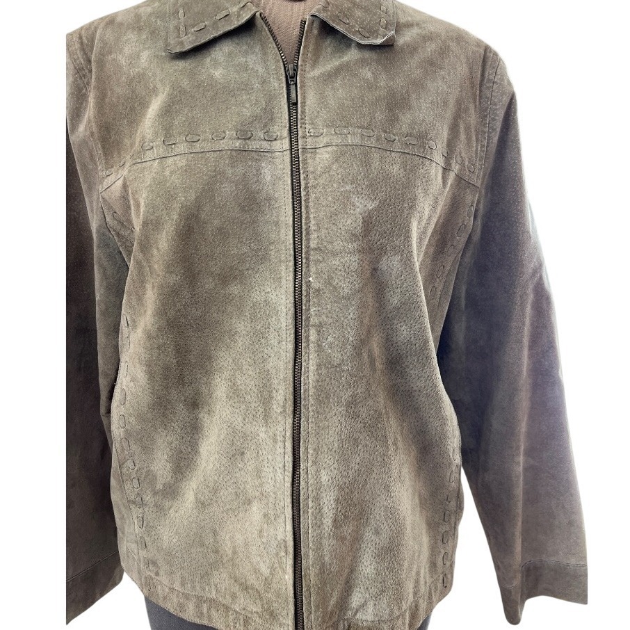 Suede Jacket Western Style Olive Green tan Full Zip Up Jacket stitching LG