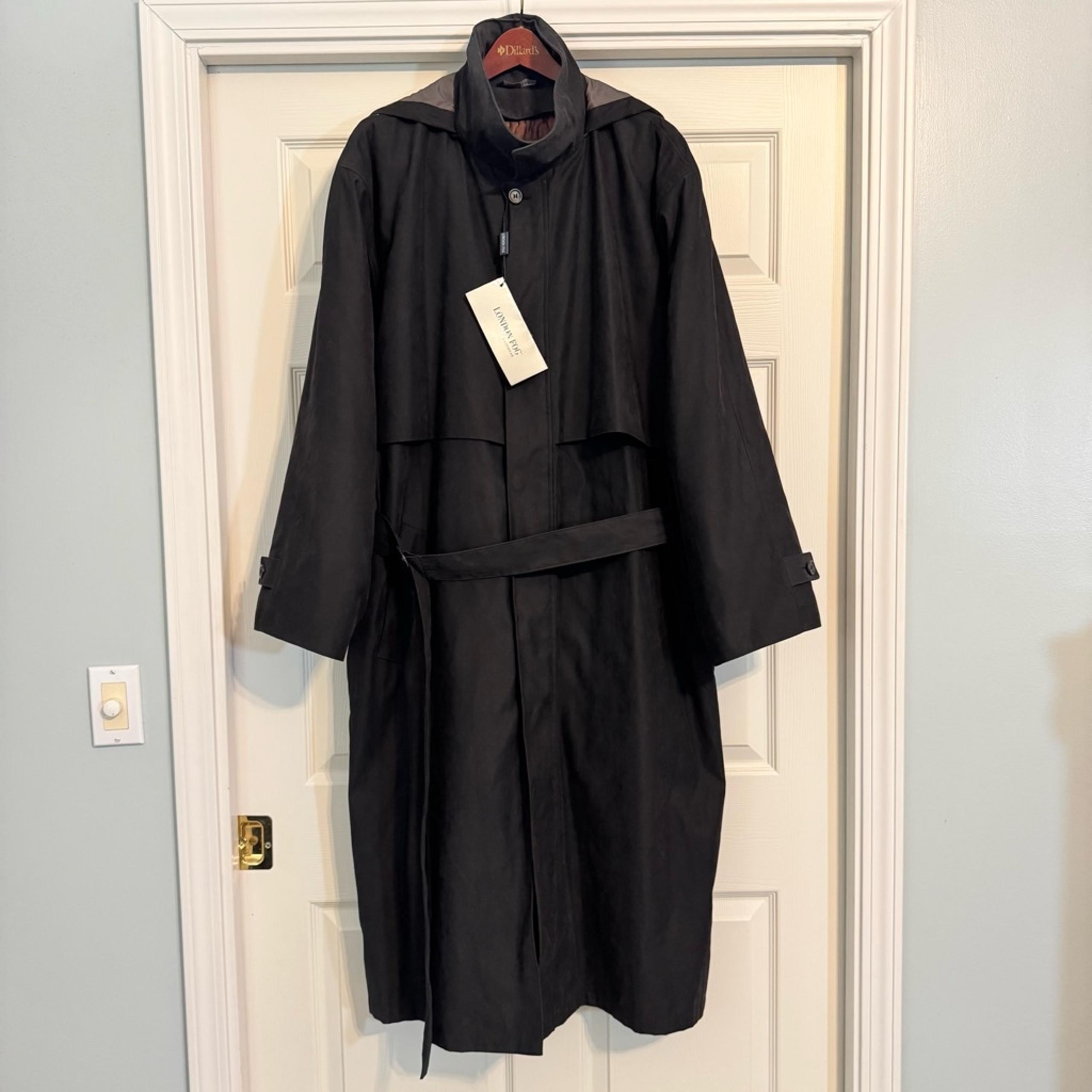 NWT Men's London Fog Black Stadium Balmacaan Rain Overcoat Size 42 Long Trench