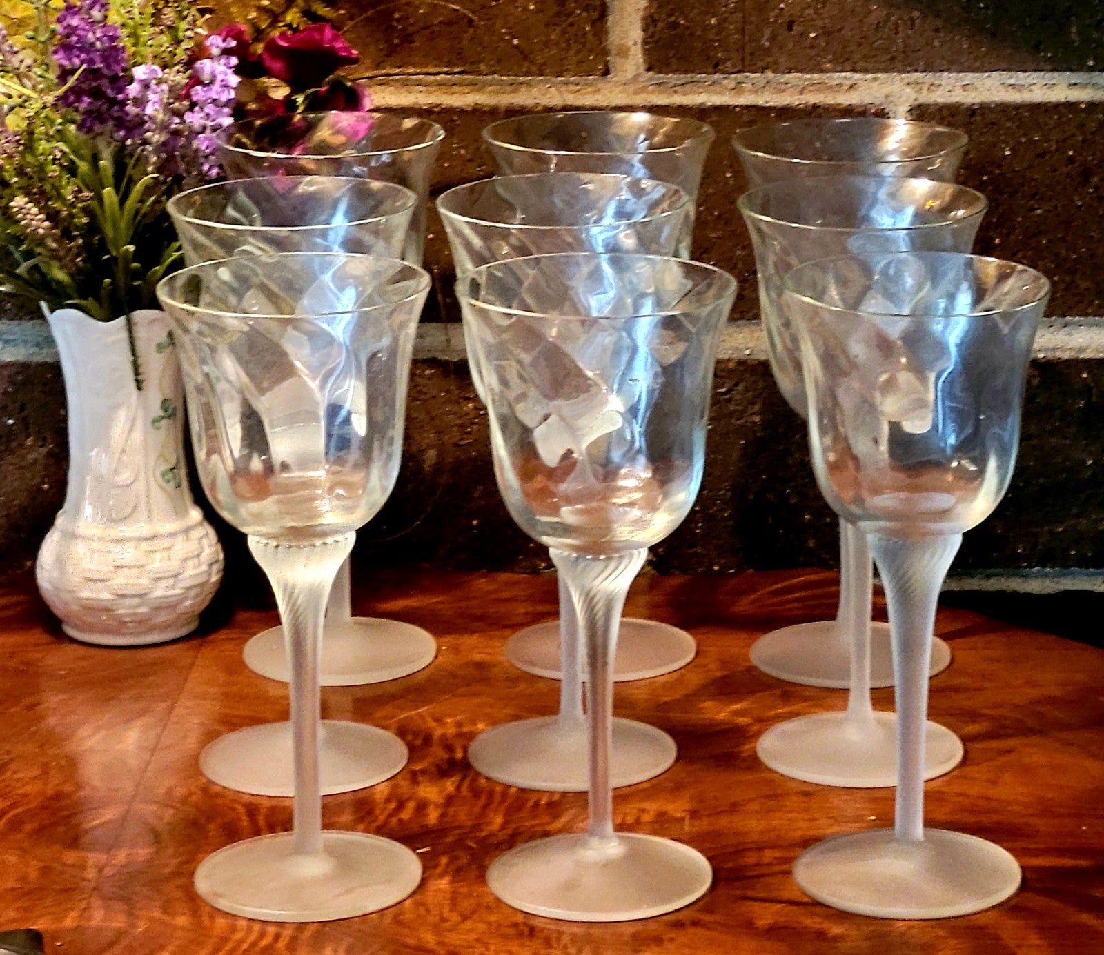 Set 9 Vintage Crystal Clear Industries VALERIE FROSTED Optic Swirl Glasses
