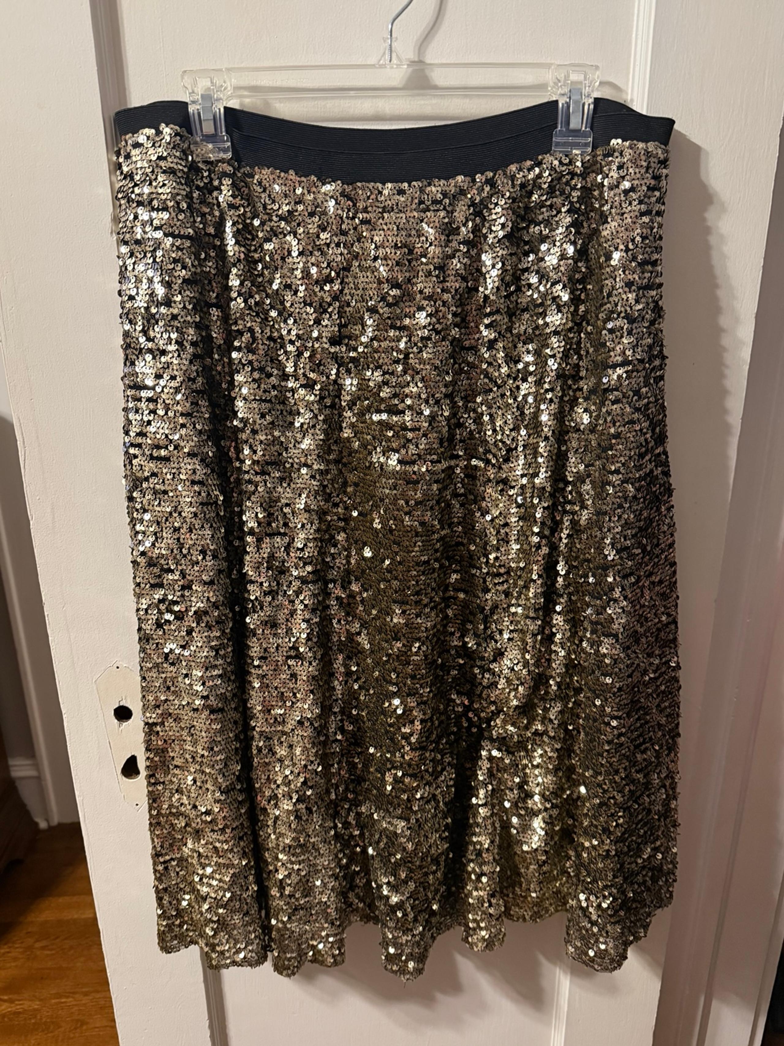Maeve by Anthropologie Orleans Sequined Midi Skirt A-Line Women’s LARGE Gold