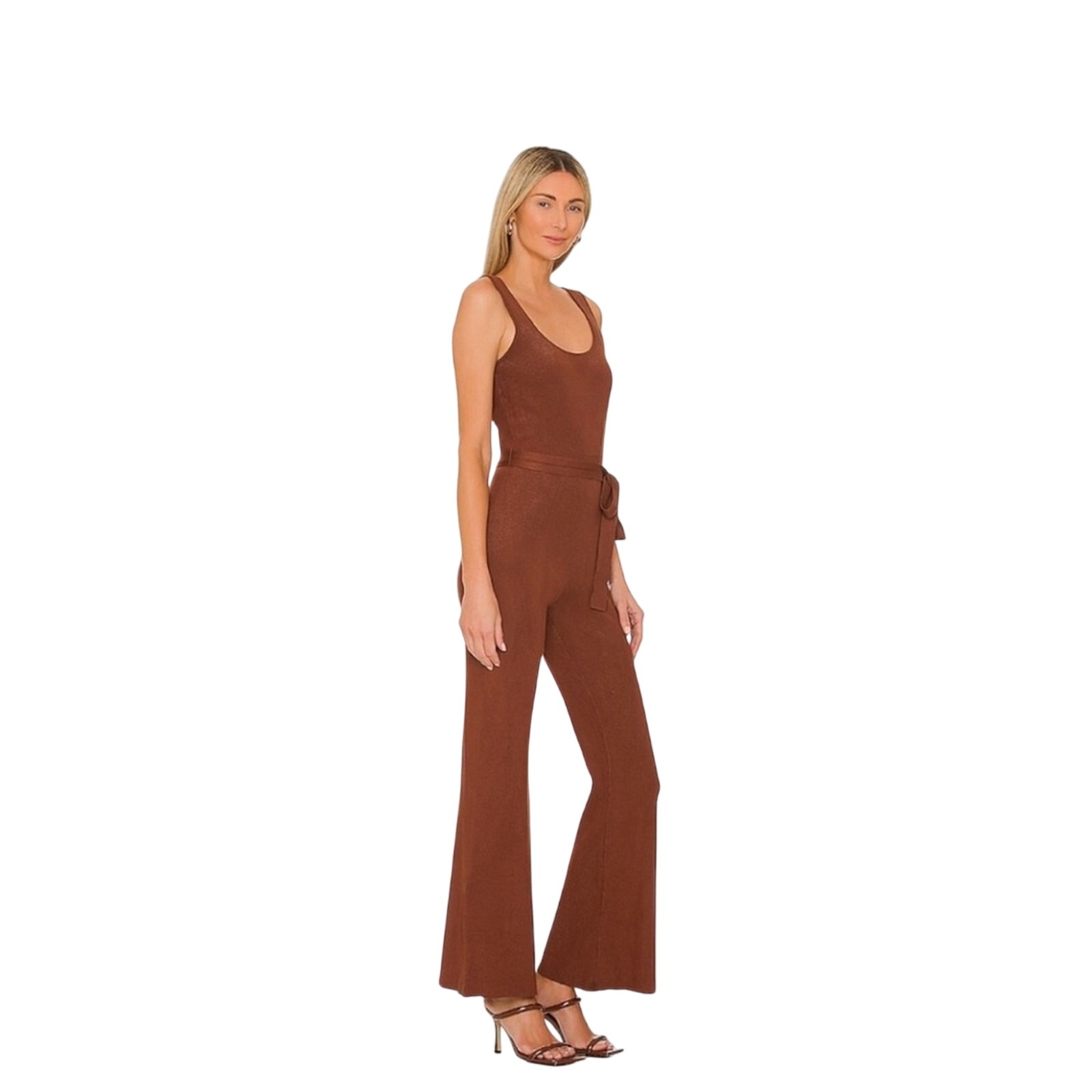 All The Ways Brown knit belted sleeveless jumpsuit size Large