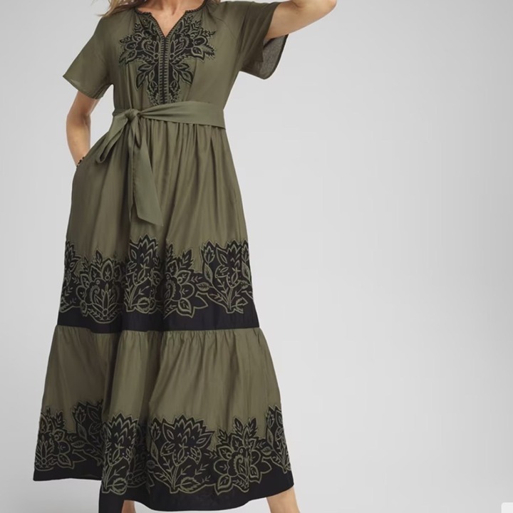 Chico’s Cotton Floral Embroidered Tiered Dress Olive Green 00 / 0-2 / XS
