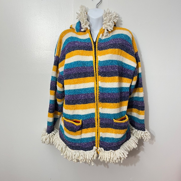 Vintage Incas Arts Crafts Striped Wool Jacket With Fringe Trim & Pockets