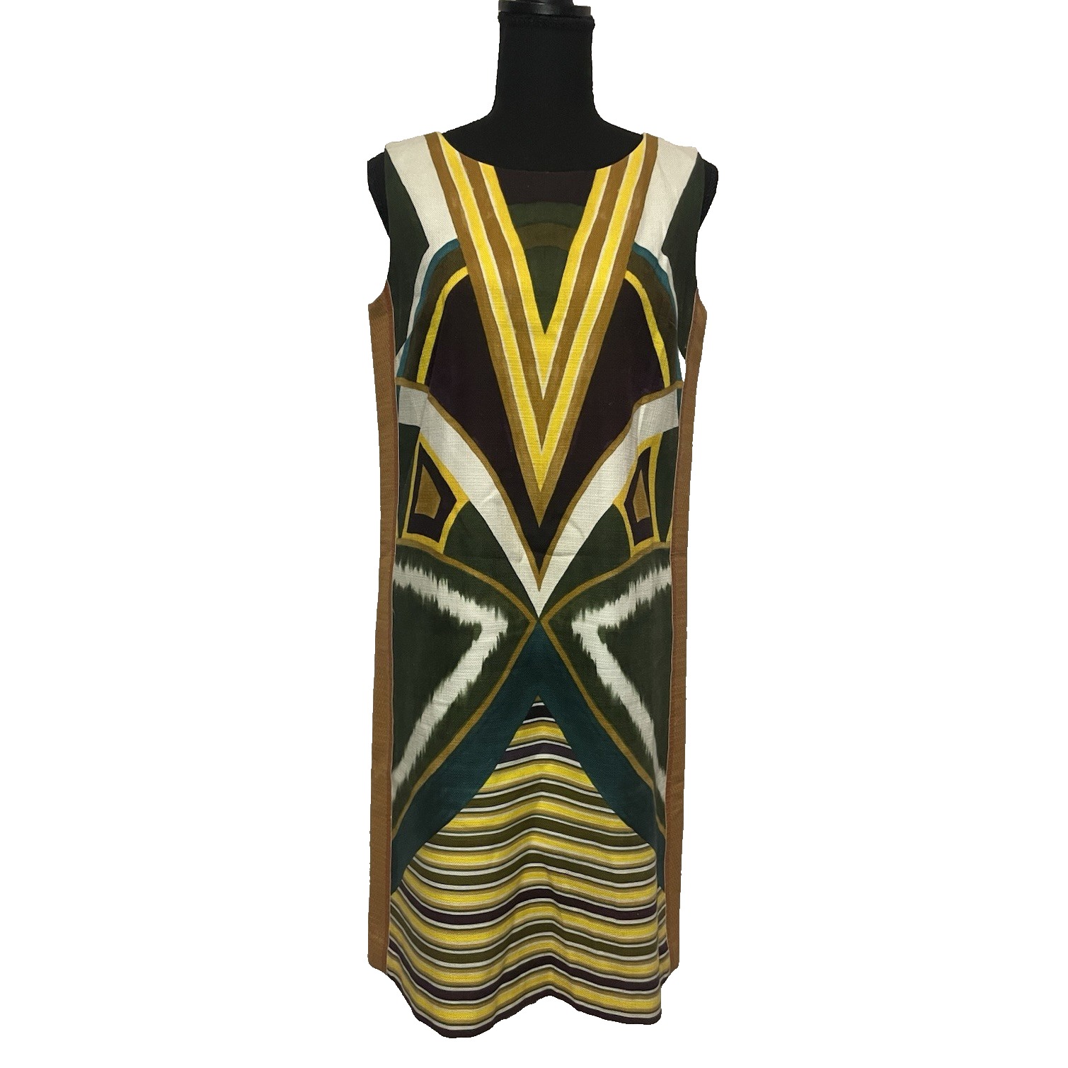Lafayette 148 New York abstract art tiki weaved geometric brown gold dress 4