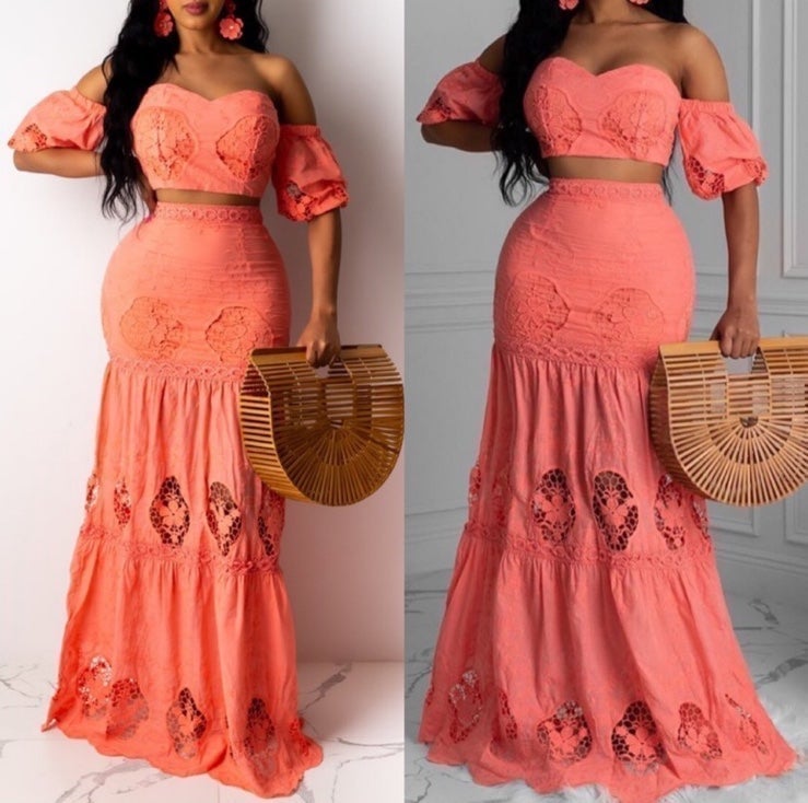 Coral 2 Piece Floral Crochet Crop Top & High Waist Maxi Skirt Set