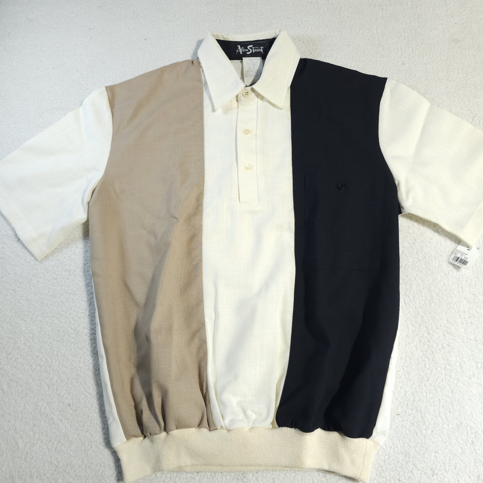 NWT Vintage Alan Stuart Banded Polo Shirt Color Block Brown Beige Black M
