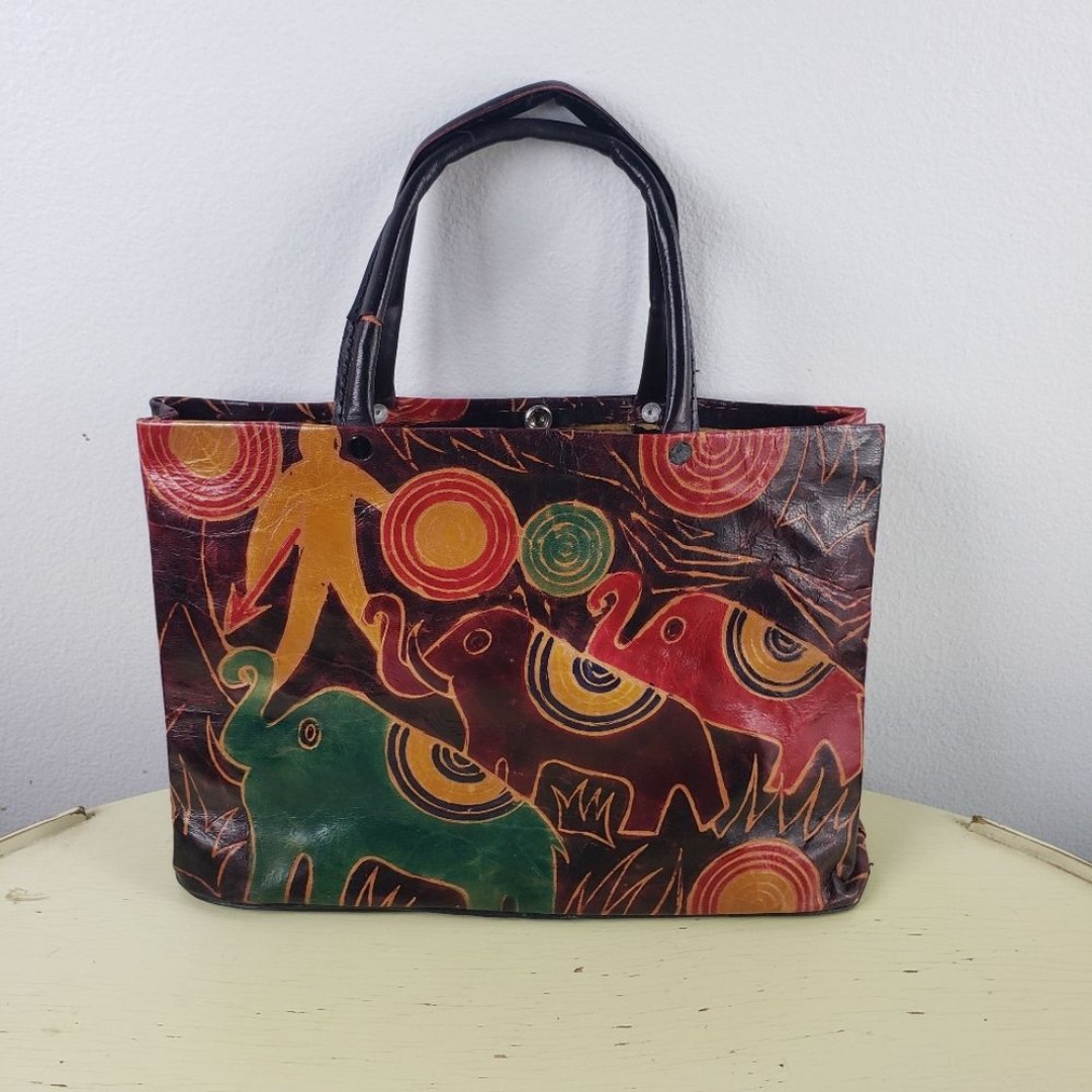 Women's Vintage Handmade Leather Colorful Elephant Snap Handbag Purse