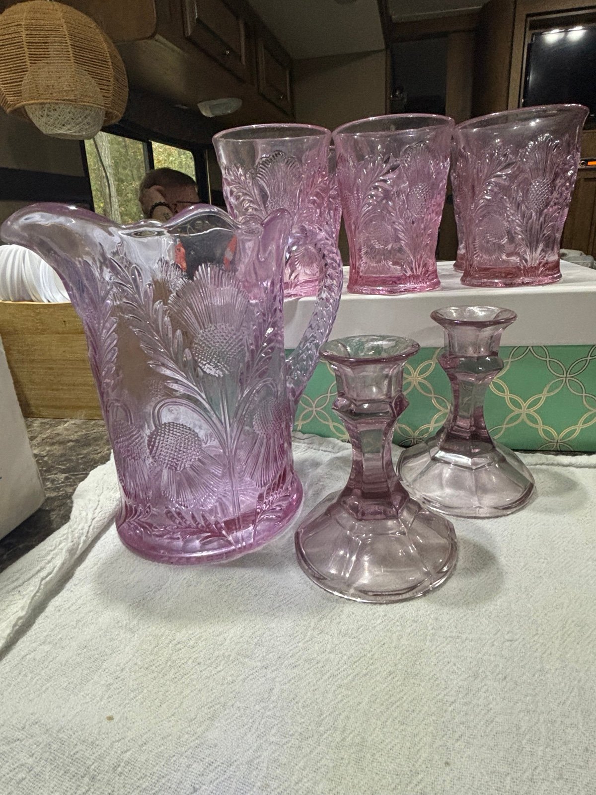 Vintage Vintage MOSSER Pitcher/cups and matching candlestick holders