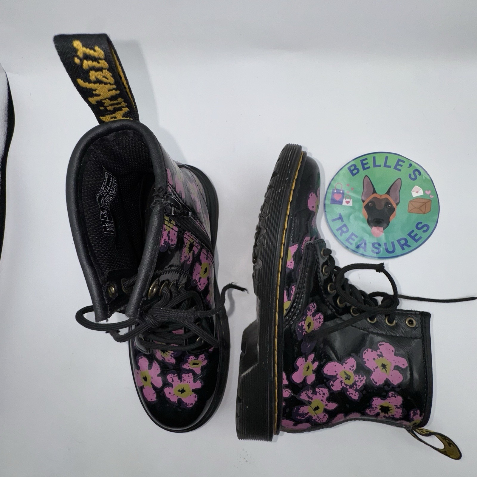 Dr. Martens Combat Boots Kids Sz 2 Black Floral Pink Pansy Fayre 8 Eyelet Zip Up
