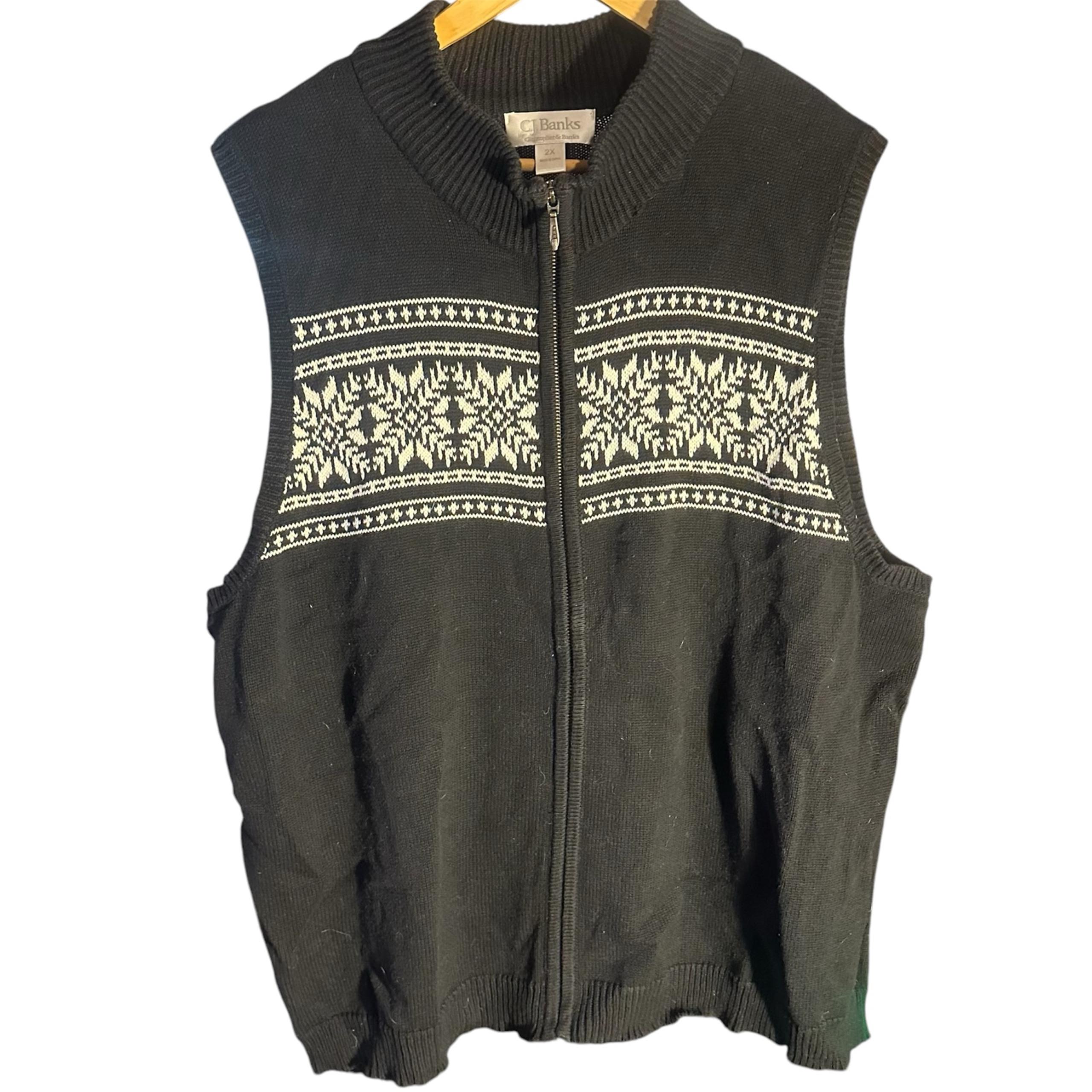 Christopher & Banks Black Snowflake Black Vest Size 2X Full Zip Pocket 100% Cttn - CJ Banks