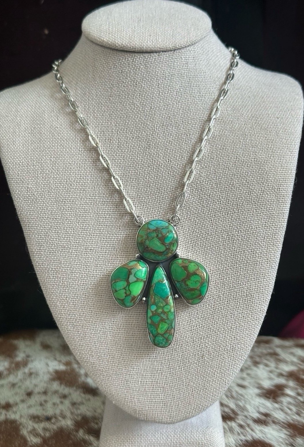 Green Mohave Turquoise Statement Cluster Southwestern Sterling Silver Necklace