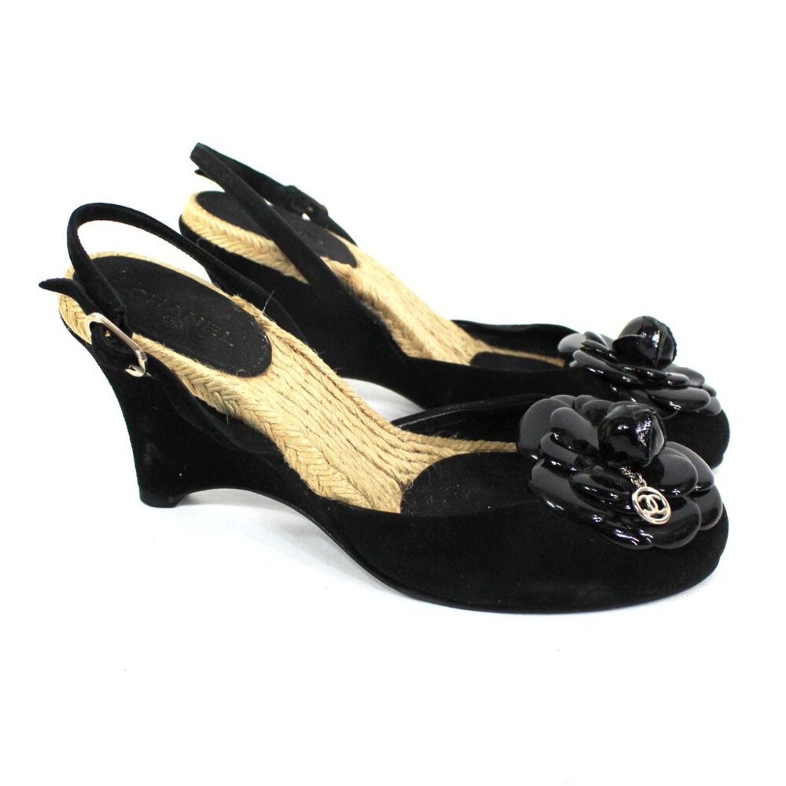 Chanel Camellia Flower CC Charm Decor Black Velvet Wedge Heels 37 US 7
