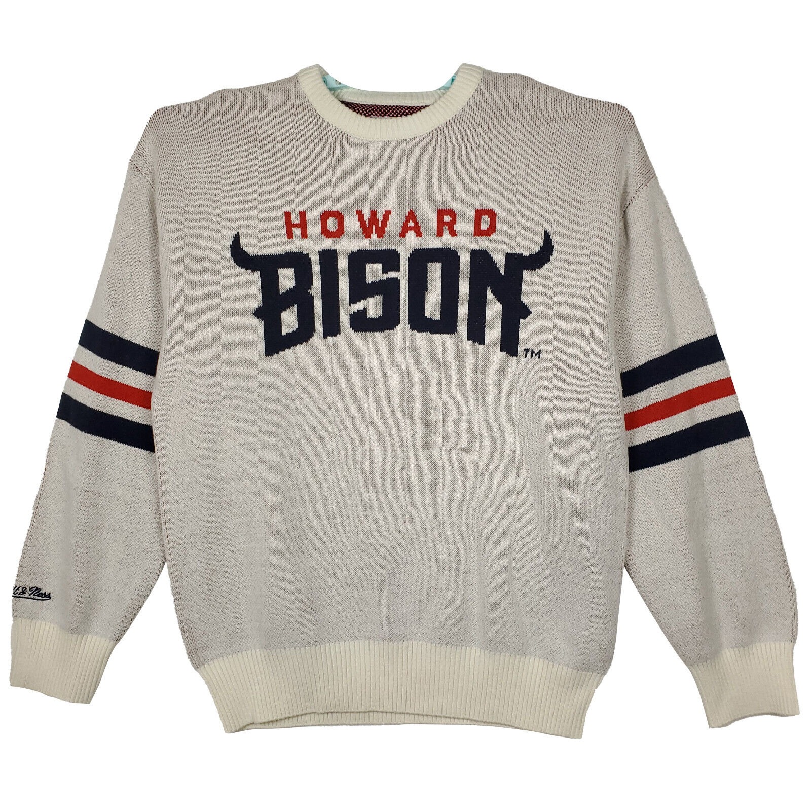 Howard Bison Mitchell & Ness HBCU Large Knitted Sweater Cream Navy Red NWT