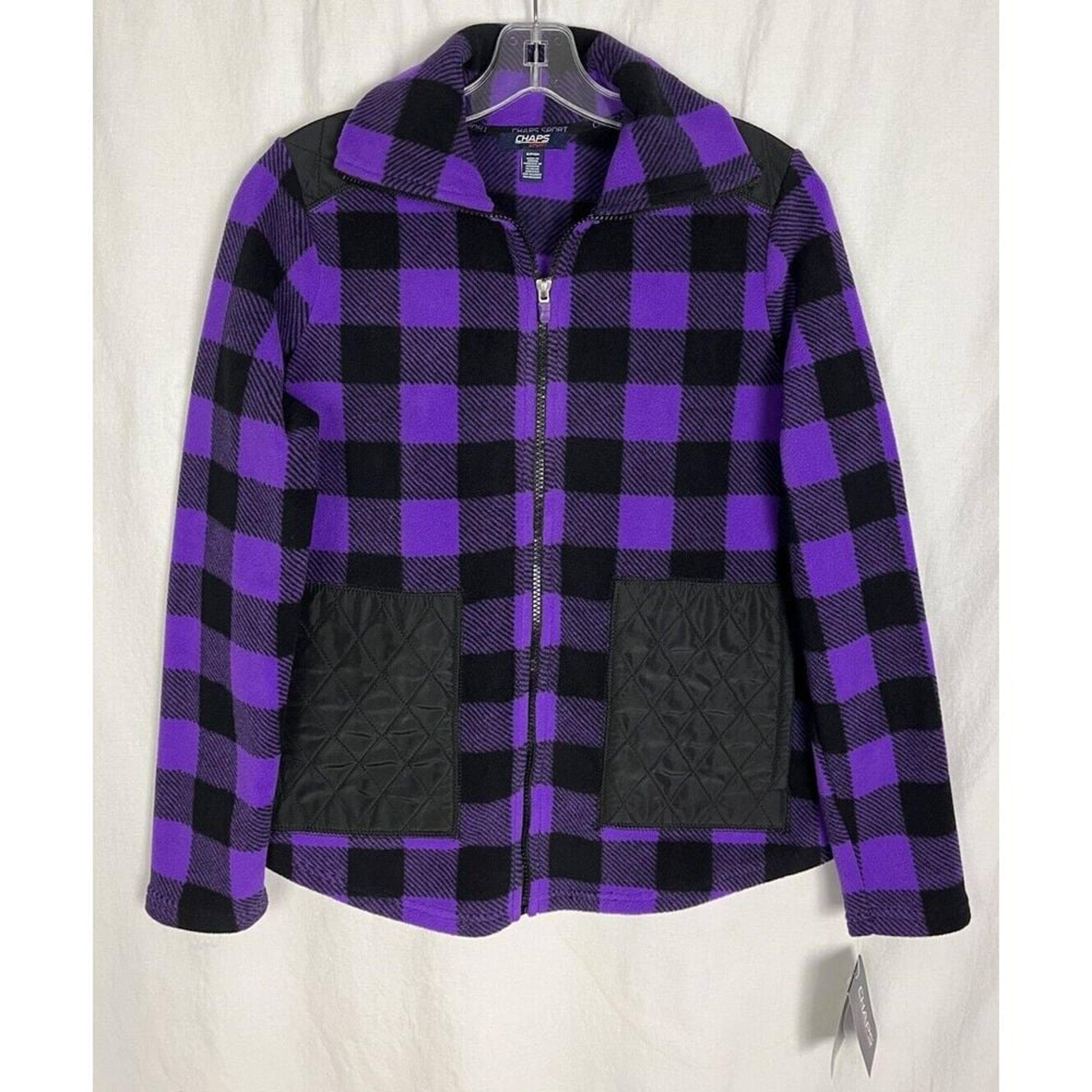 Chaps-Sport Feece Jacket, Zip Front, Pockets, Purple/Black Buffalo Plaid Size S