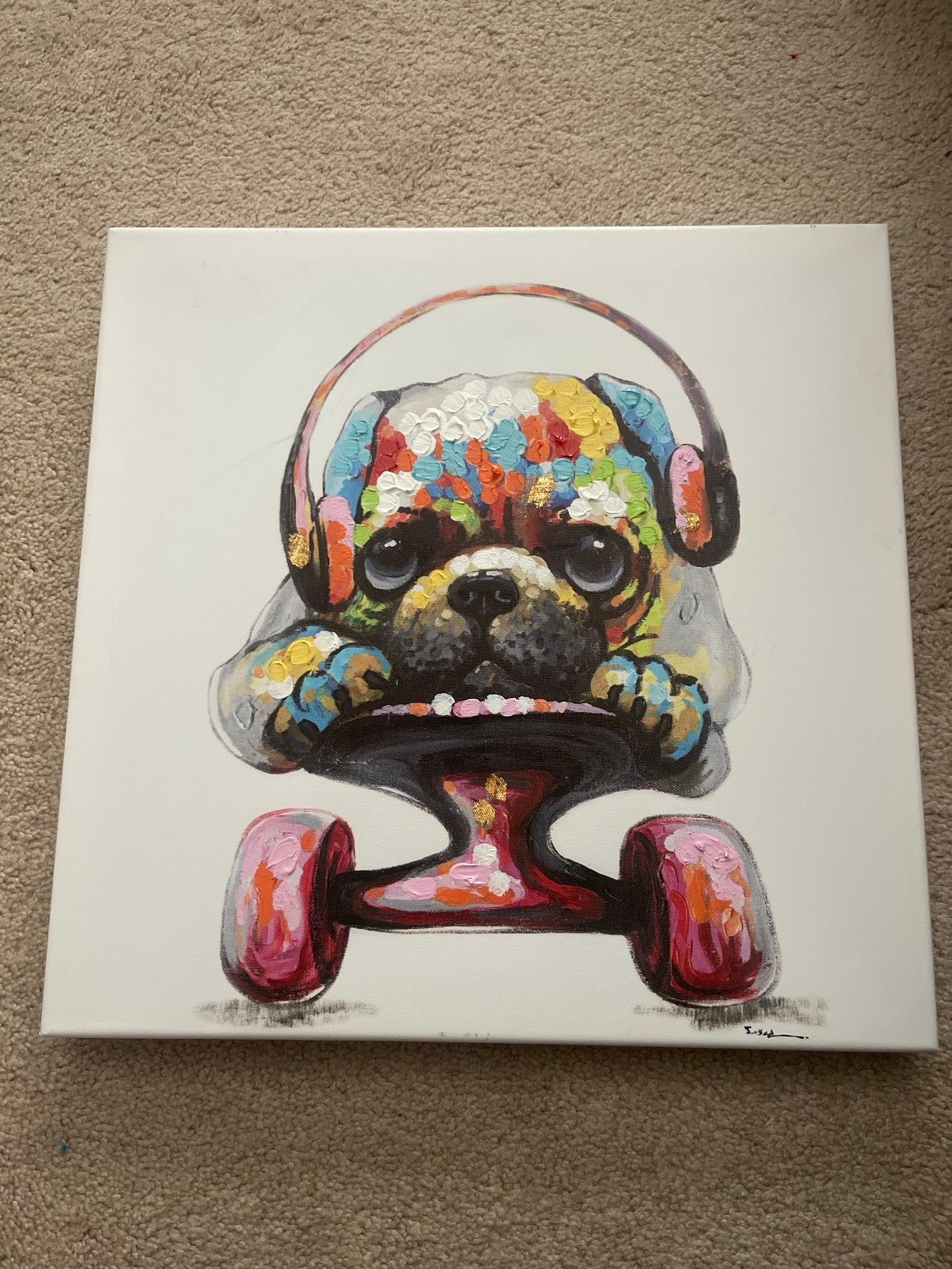 Pug dog on skateboard colorful canvas painting like new