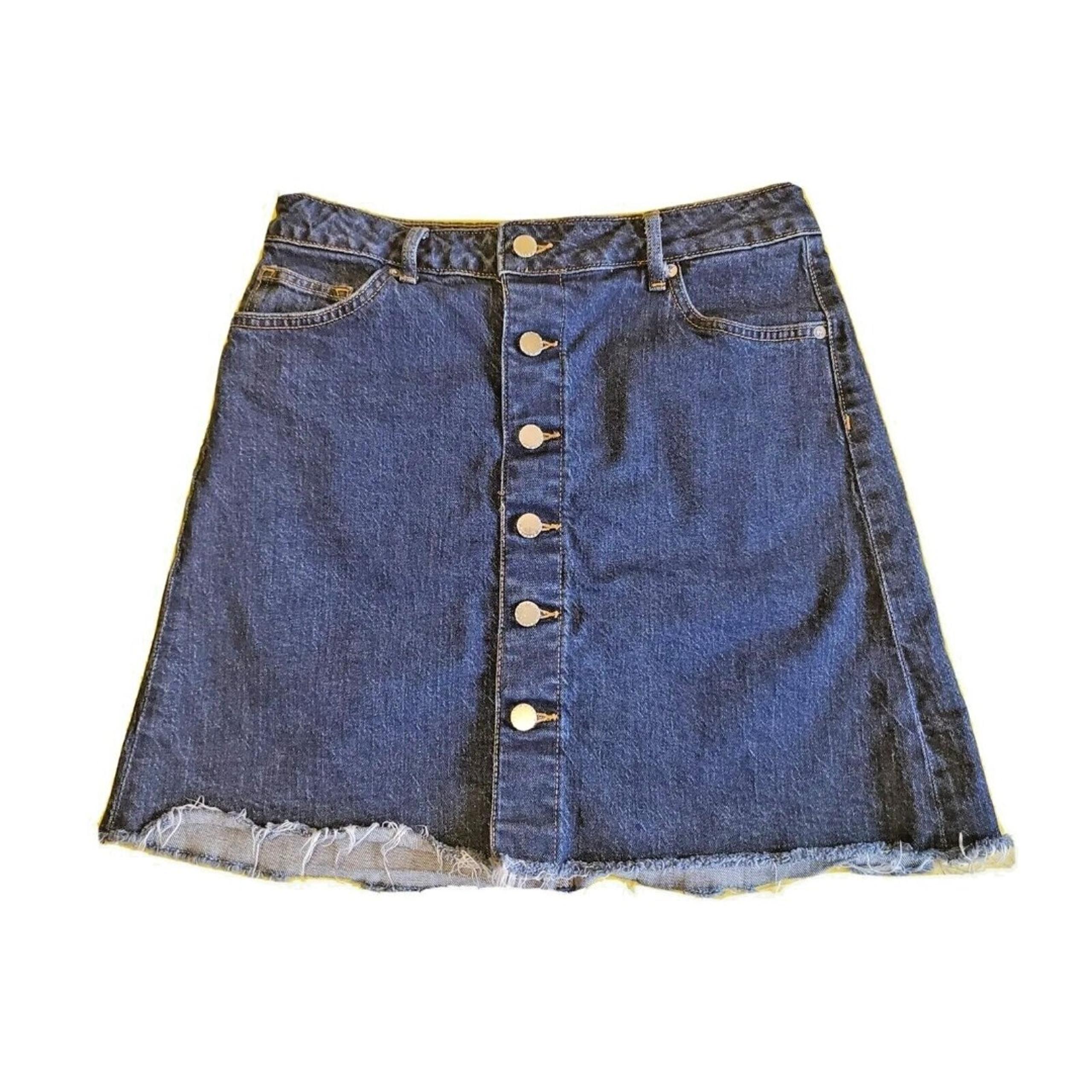 Womens Size 10 Raw Hem Skirt Button Denim Short Above Knee Dark Wash By H&M