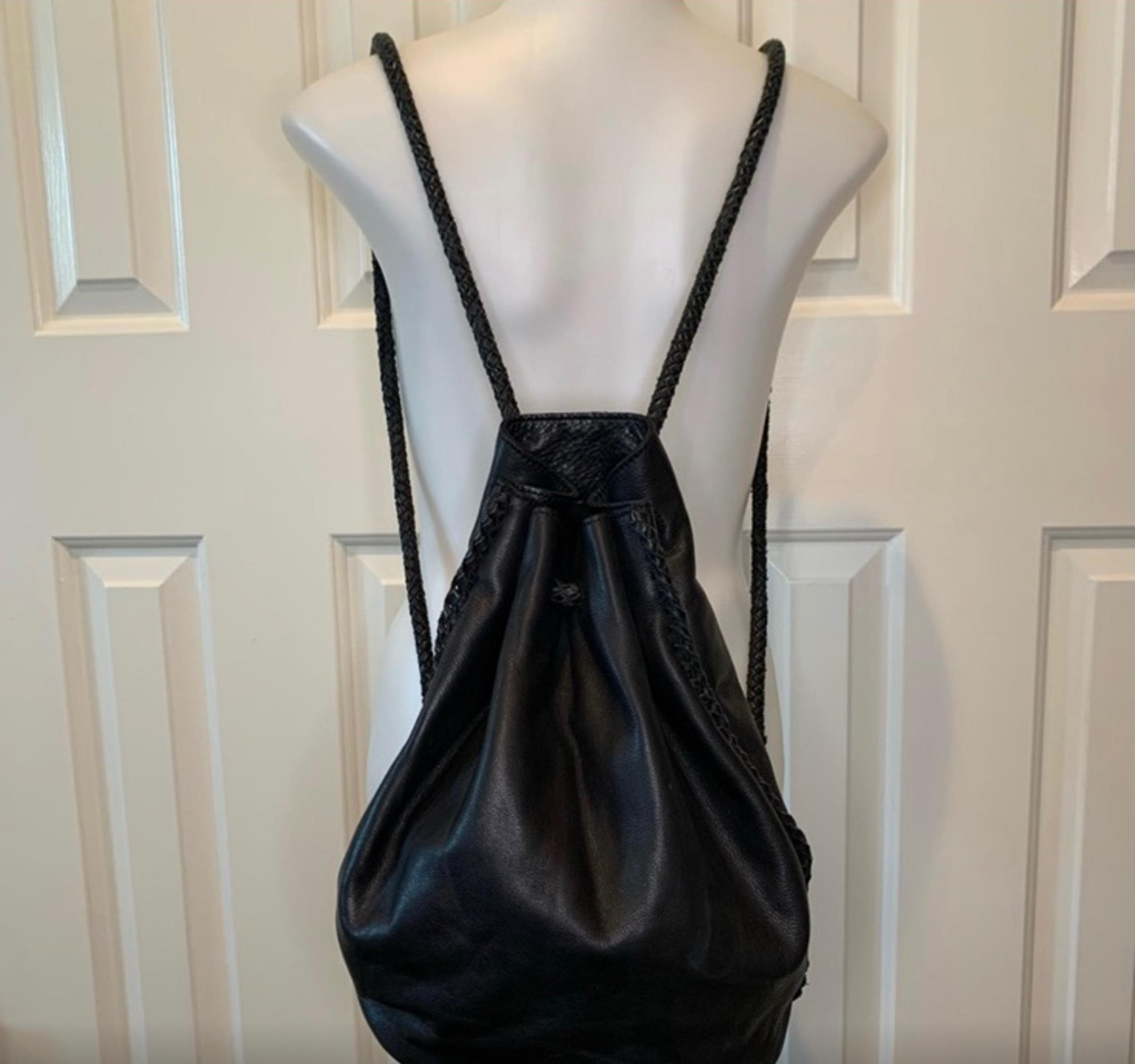 Lucky Brand Black Leather Braided Drawstring Backpack Bucket Bag