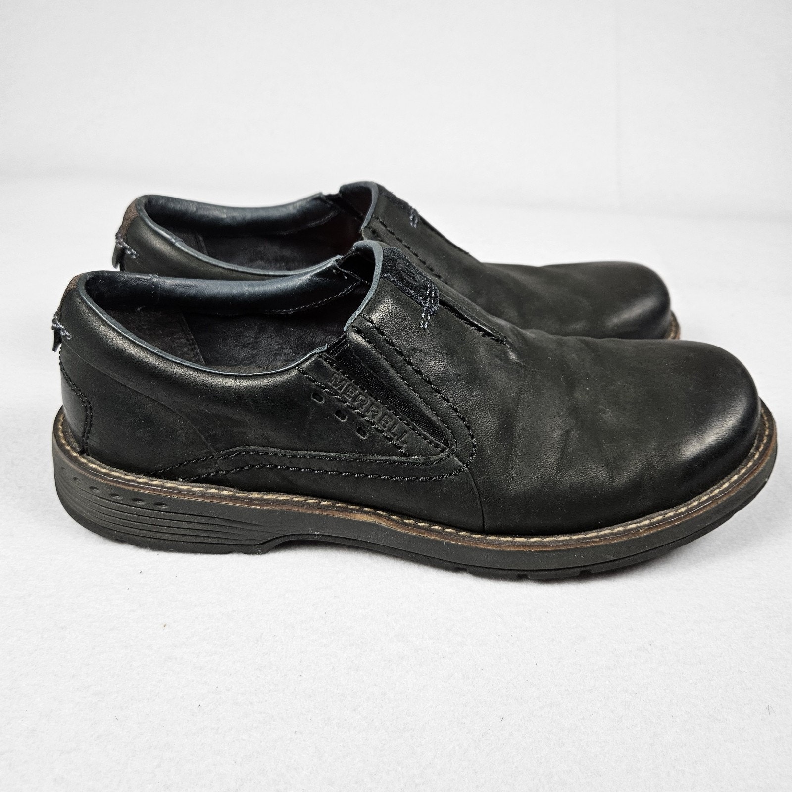 Merrell Leather Realm Moc Loafer Mens 9.5 Select Move Black Slip On Work Footbed