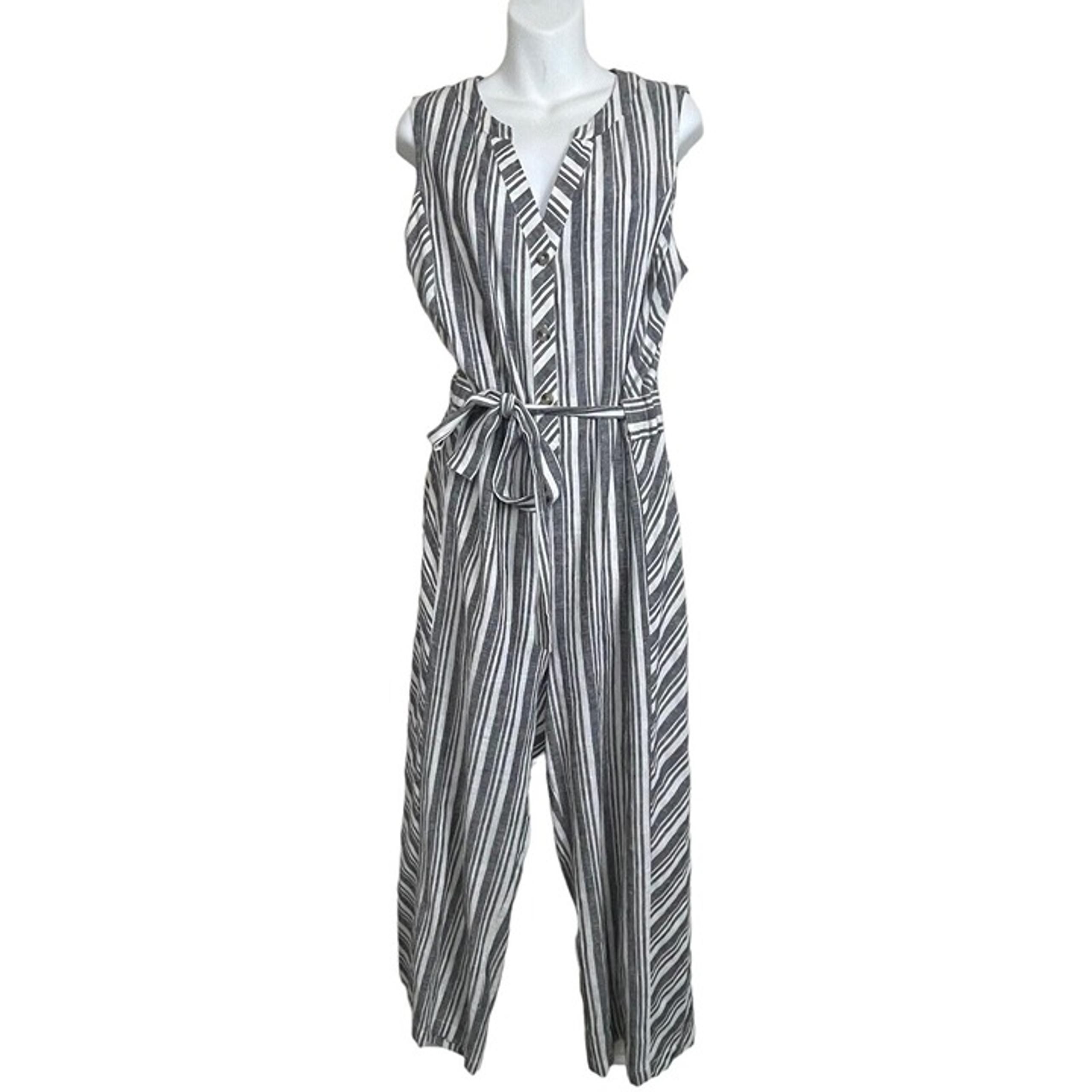 Laundry Shelli Segal Sleeveless Jumpsuit Belt Gray White Striped Linen Blend 12