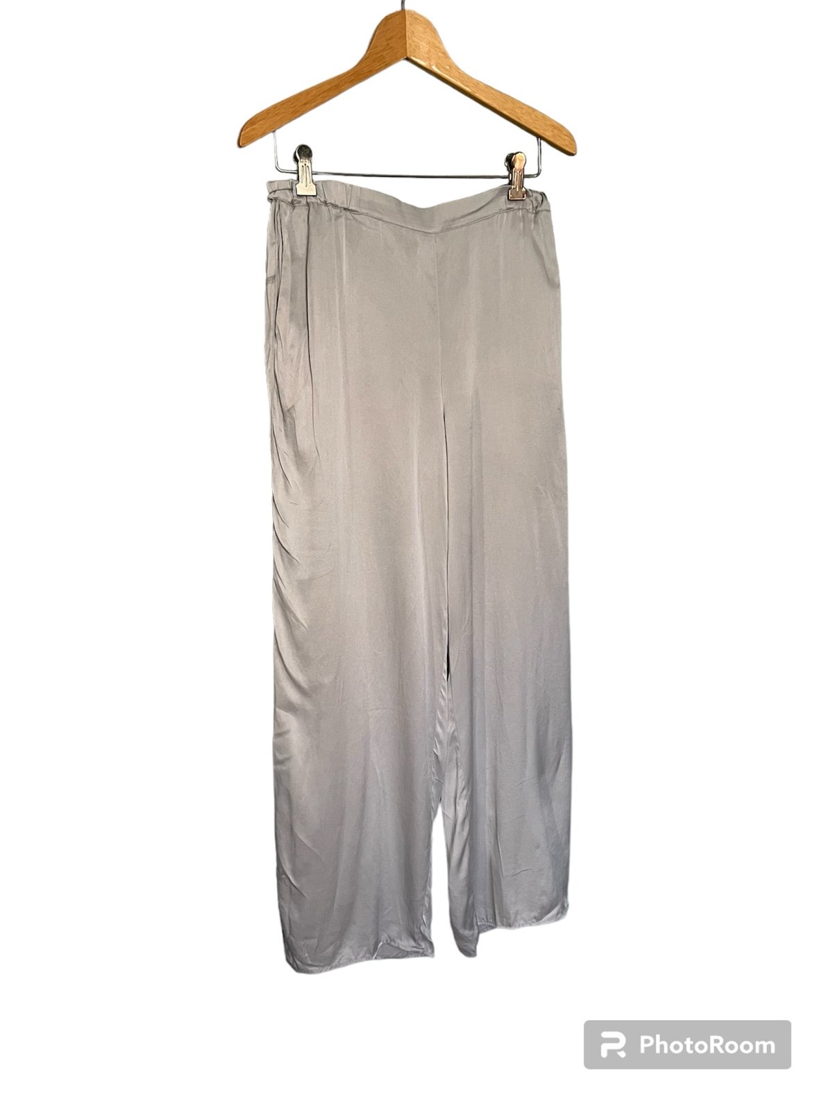 Quince silver metallic washable open split ankle silk pants