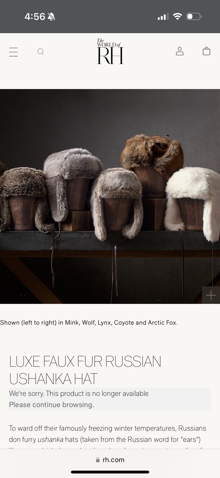 Restoration Hardware S/M Luxe Faux Fur Ushanka / Trapper Hat