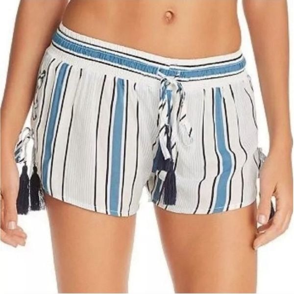 NWT Surf Gypsy Printed Side Lace Up Swim Cover Up Shorts Stripe Beach Blue Sz L