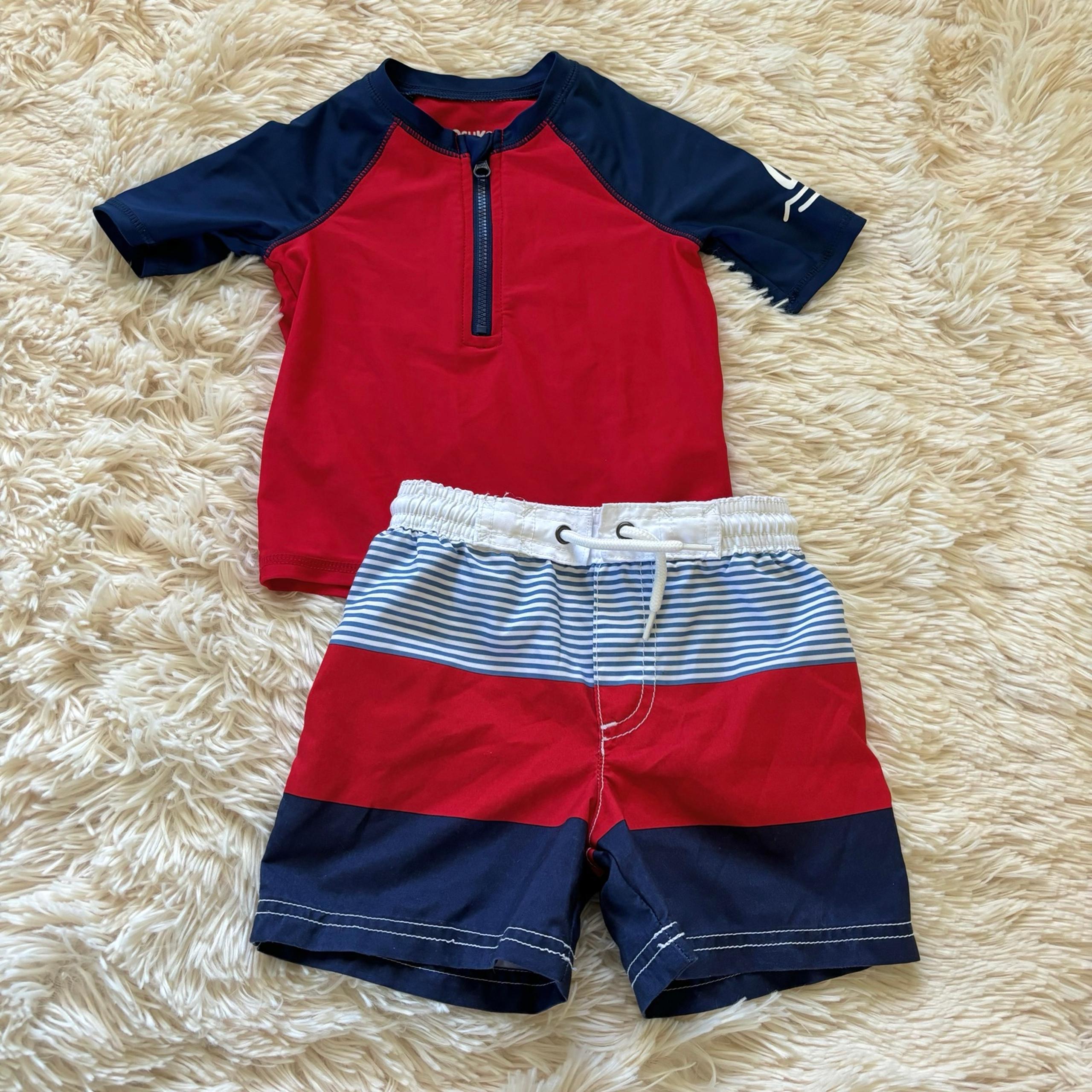 Oshkosh and Carter’s Red Striped Swim Trunks and Rash Guard 18 months