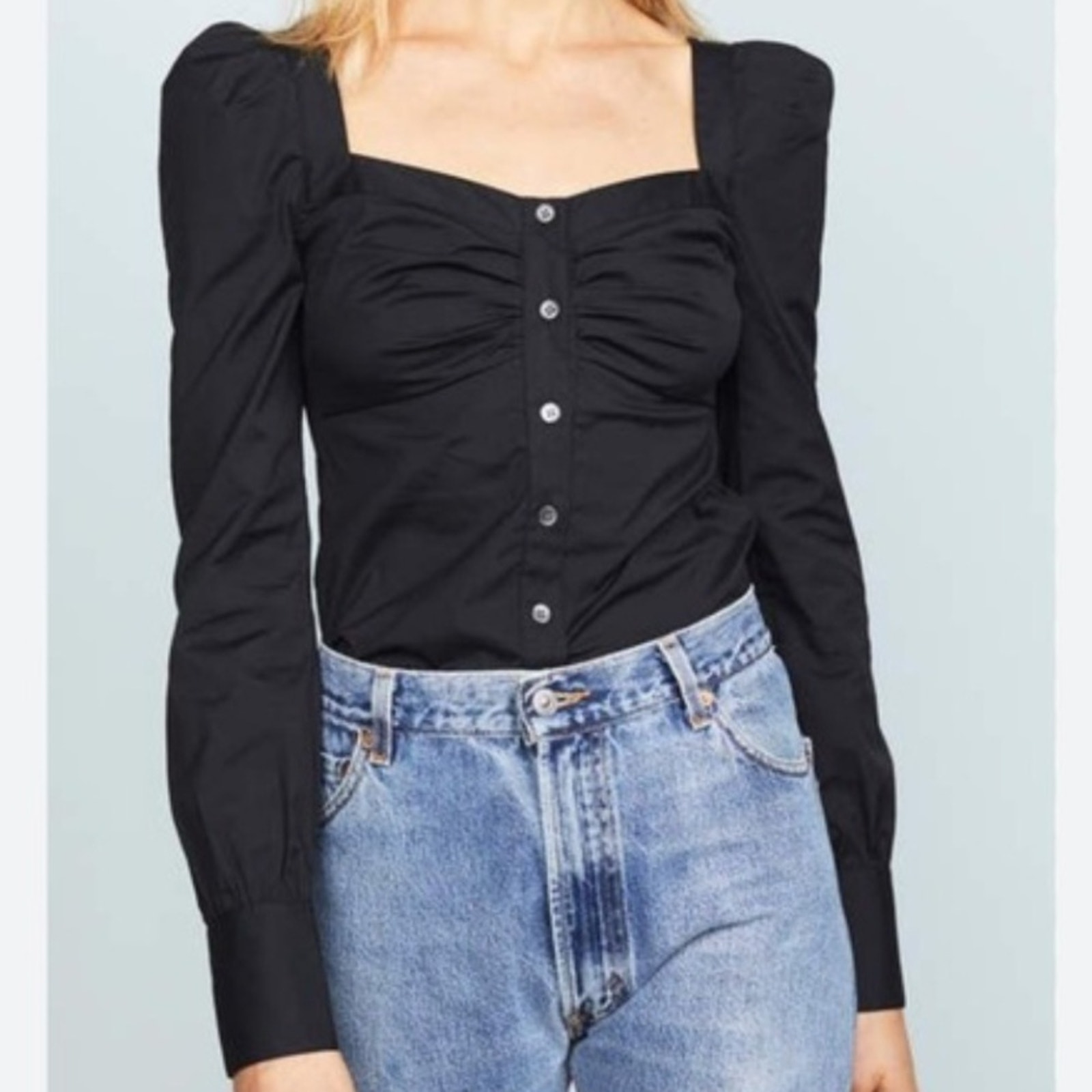 Veronica Beard Frankie Top Puff Shoulders button down black
