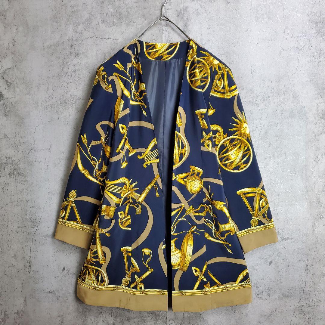 【Vintage】Used Cardigan, All-Over Scarf Pattern, Navy Blue and Gold, Retro