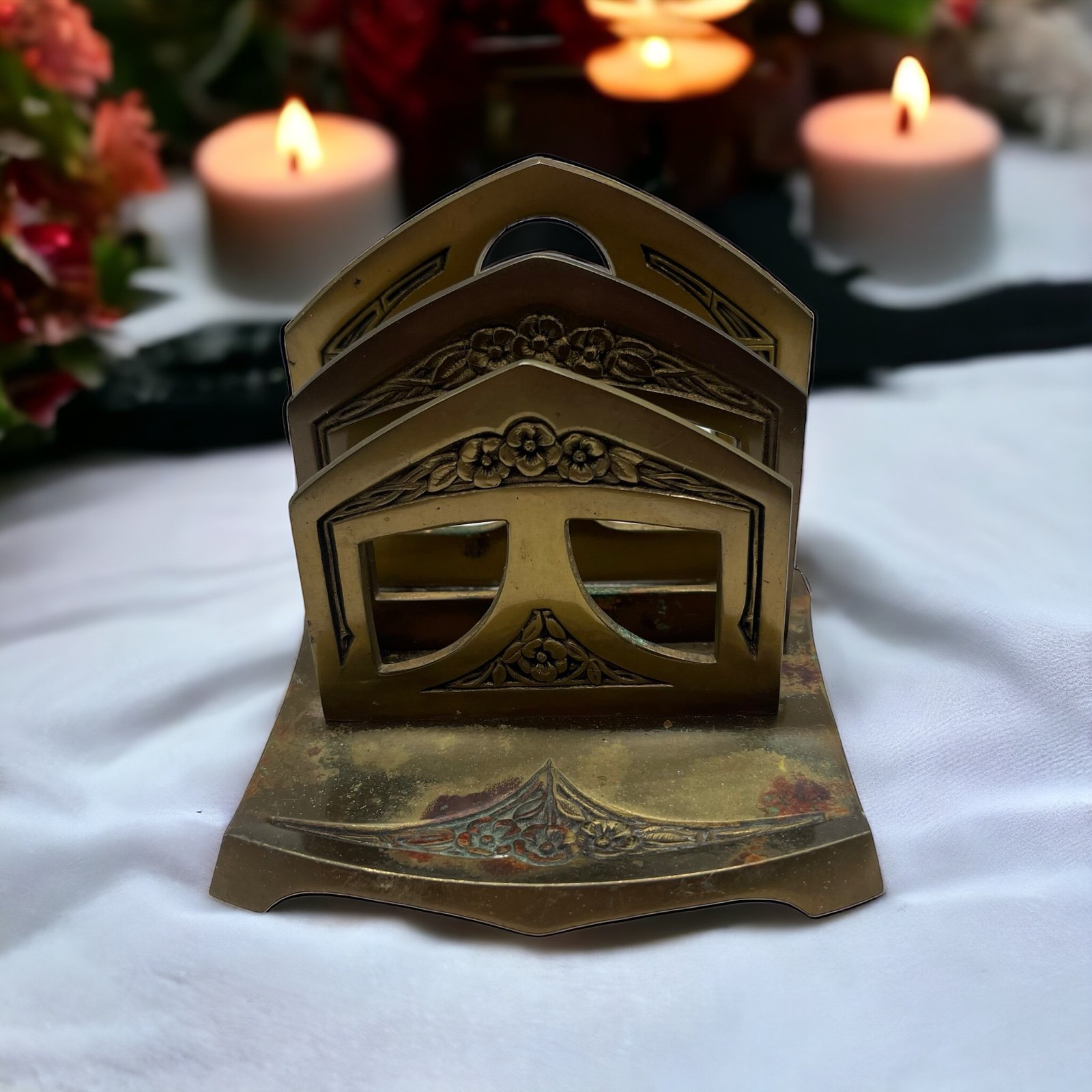 Antique Art Nouveau Flower Desk Letter Napkin Tissue Holder Office Collectibles