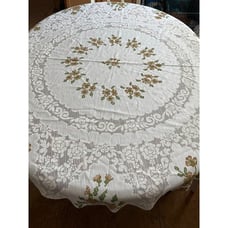 White partial lace round tablecloth with floral design