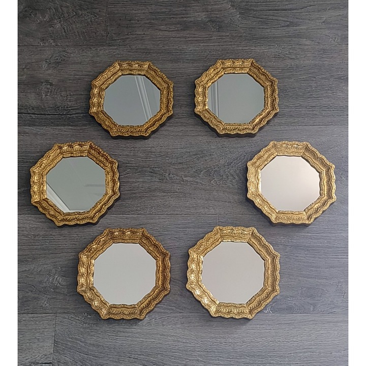 Vintage Lot of 6 Burwood Ornate Gold Tone Octagon 7” Resin Wall Mirrors