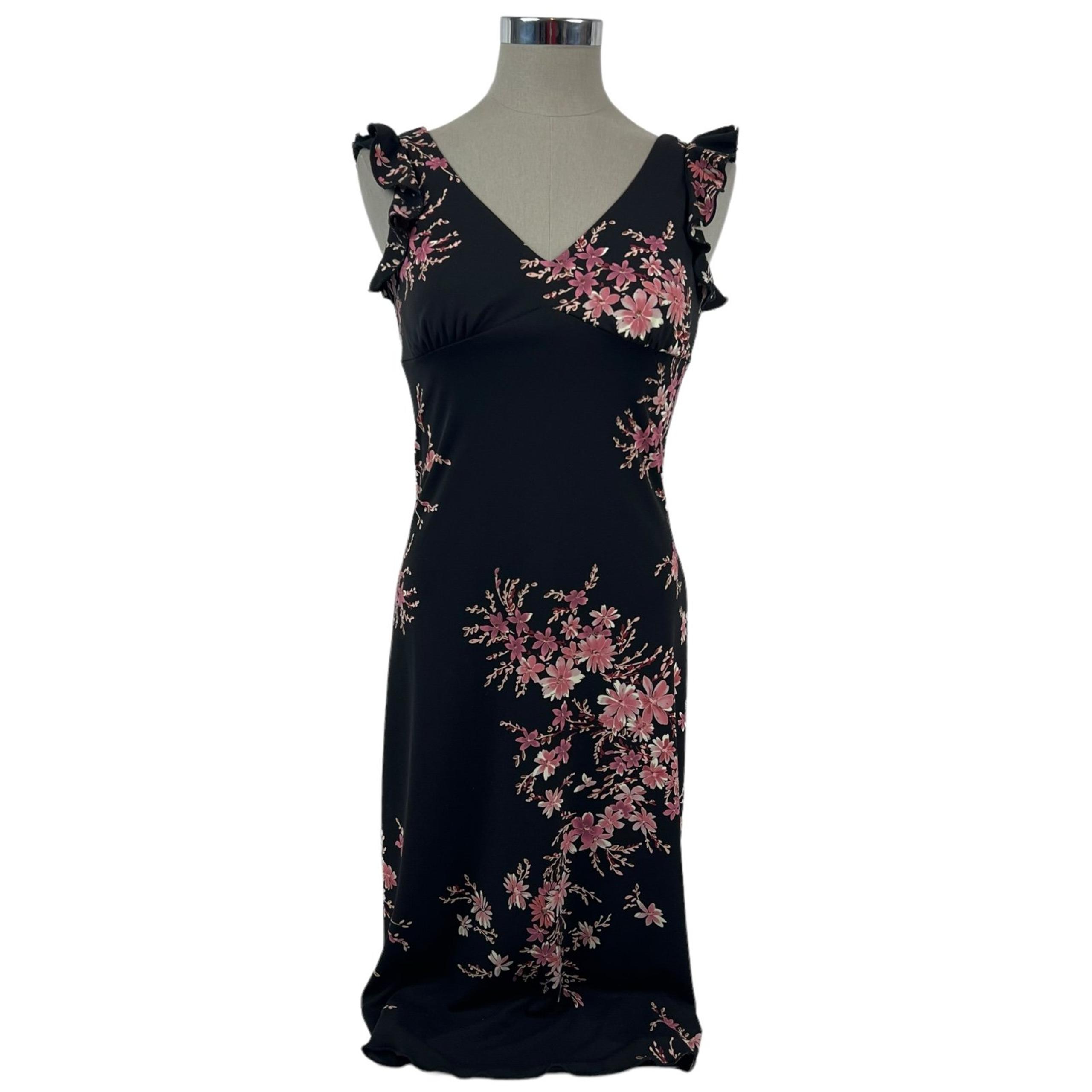 Vtg 90’s La Belle Midi Dress Black Floral Sleeveless Ruffle Hem Boho Grunge Sz M