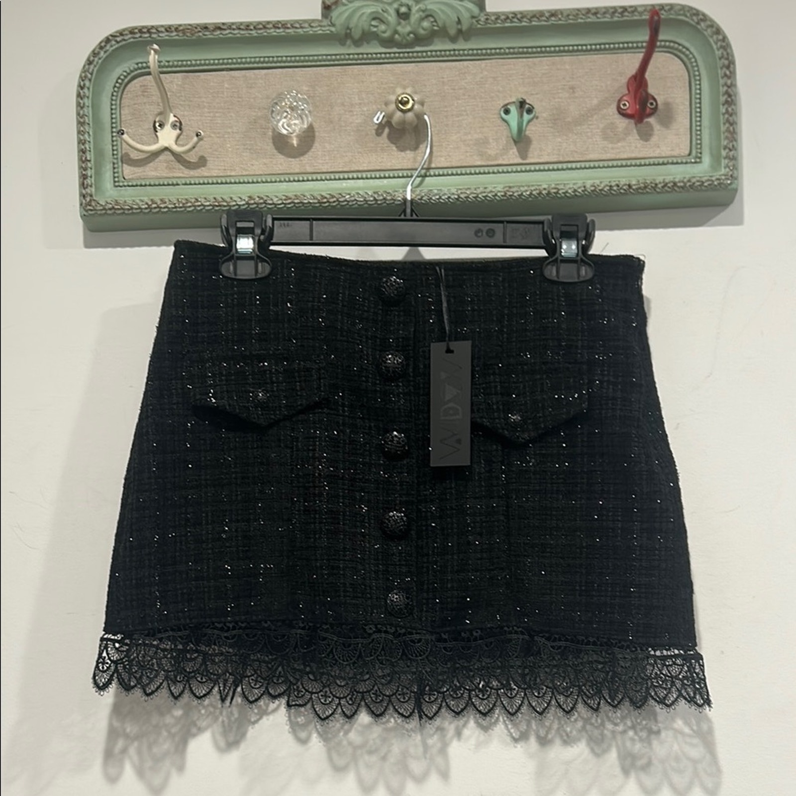 Dolls Kill Widow Black Dandy Tweed Elegant Mini Skirt with Lace Trim large new