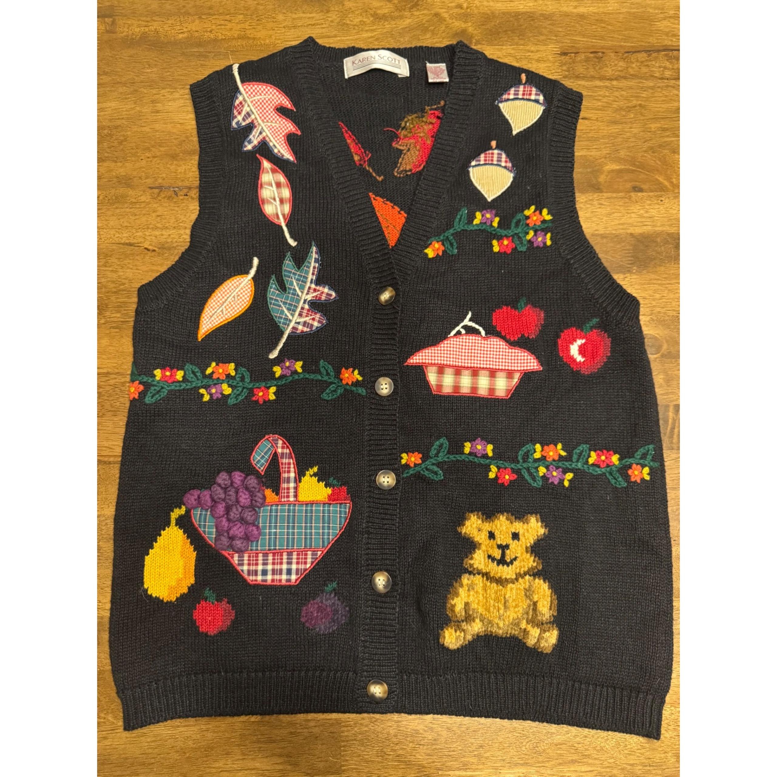 Karen Scott Sweater Vest Fall Autumn Leaves Apples Teddy Bear Knit Size M