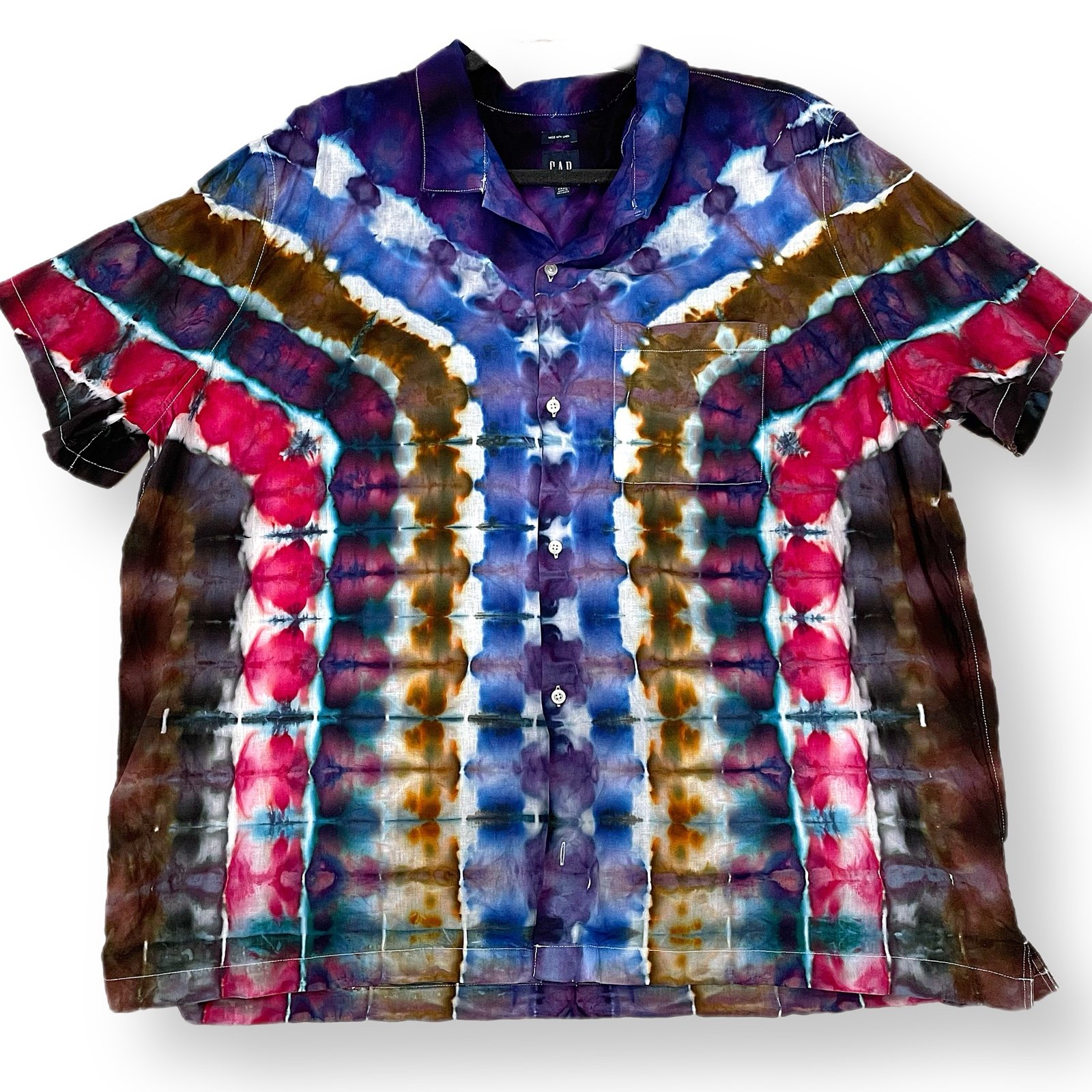 Hand tie dyed linen/cotton blend camp shirt men's 3XL/XXXL women's approx 4X-5X