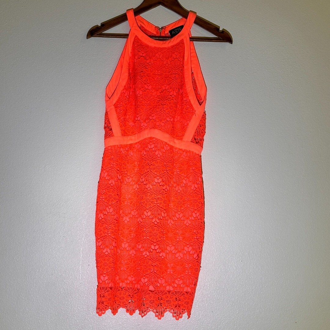 ASTR Women's Dress M Crochet Halter High Neck Lace Bright Neon Orange Bodycon
