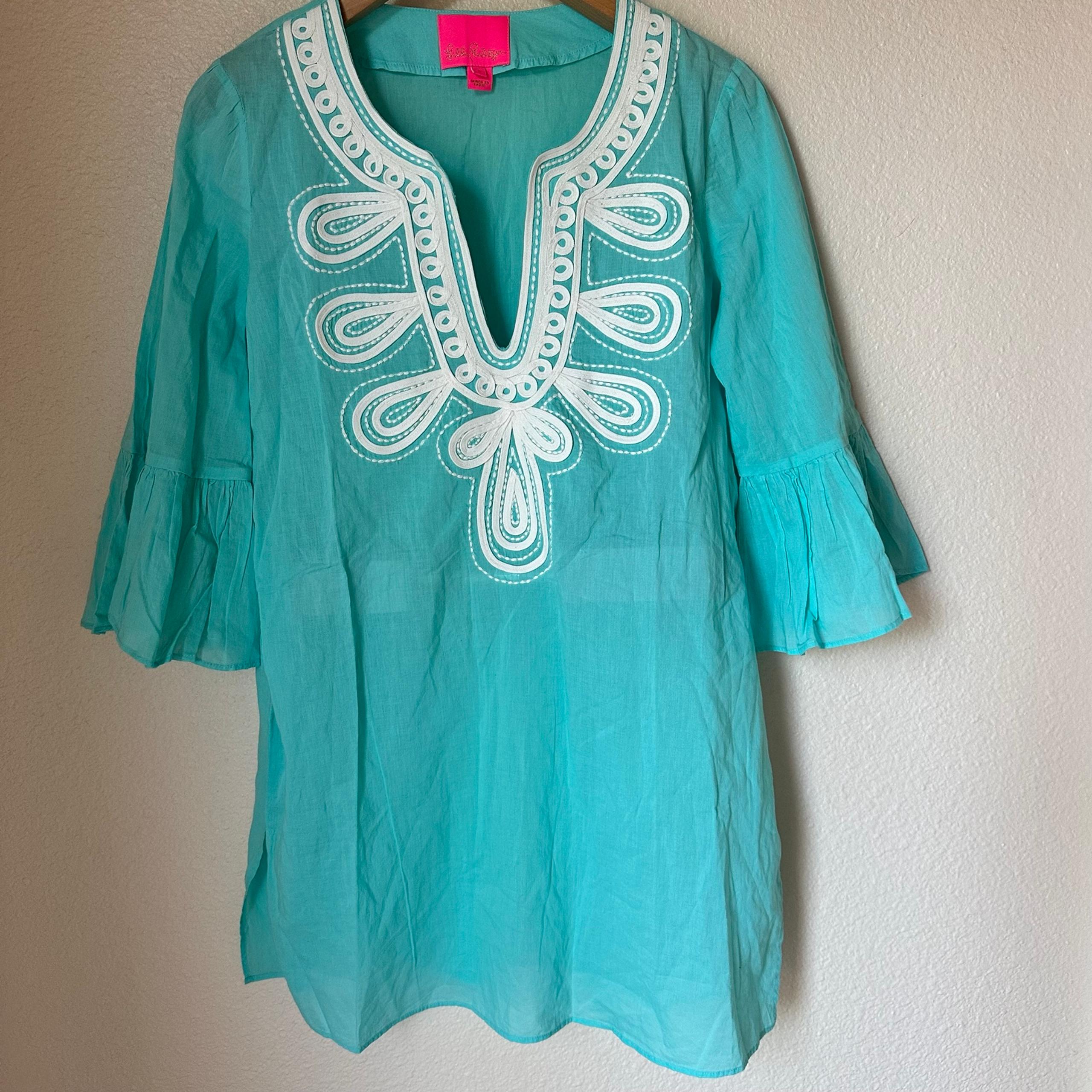 Lilly Pulitzer Womens Small Piet Cover Up Blue White Piping Embroidered Tunic