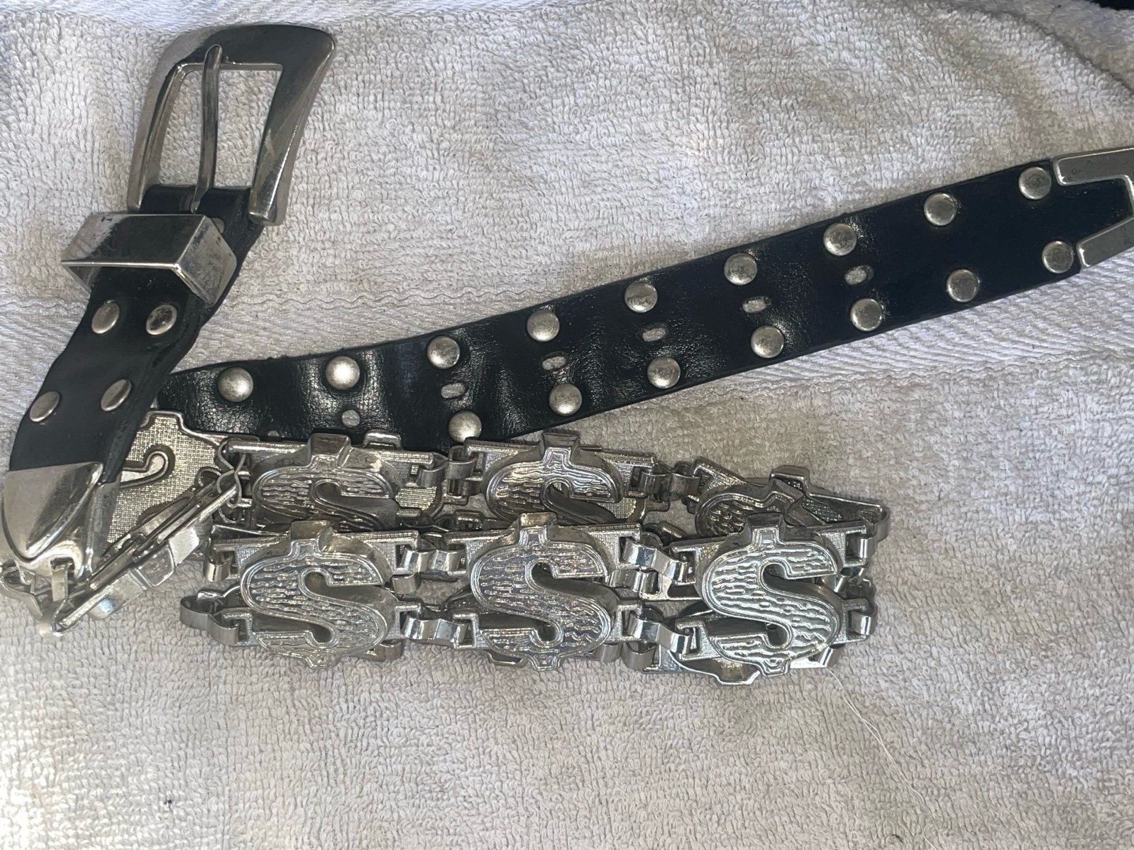 Vintage metal dollar sign logo & black leather belt
